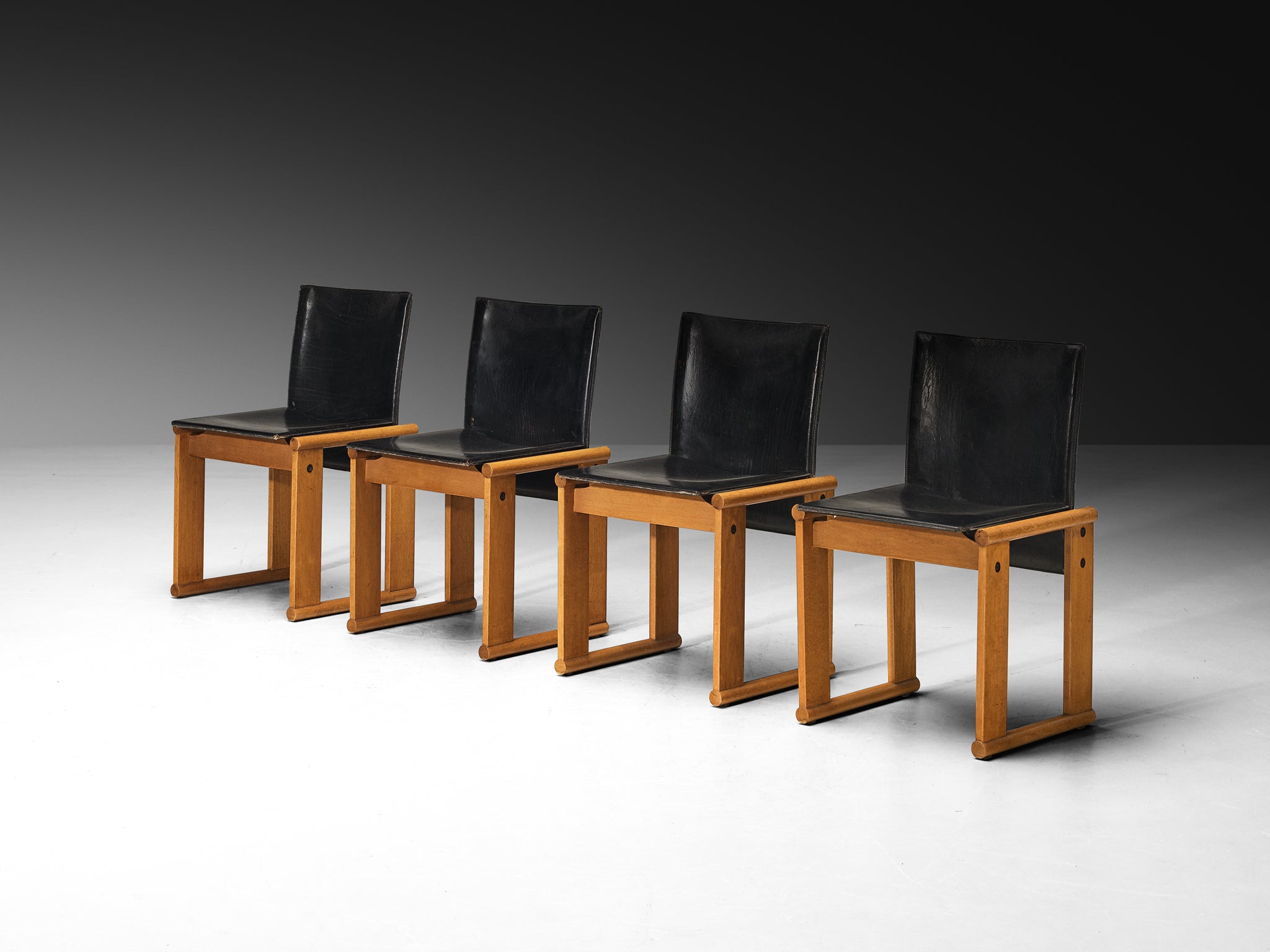 Afra & Tobia Scarpa Set of Four Dining Chairs in Walnut and Black Saddle Leather Seating Morentz
