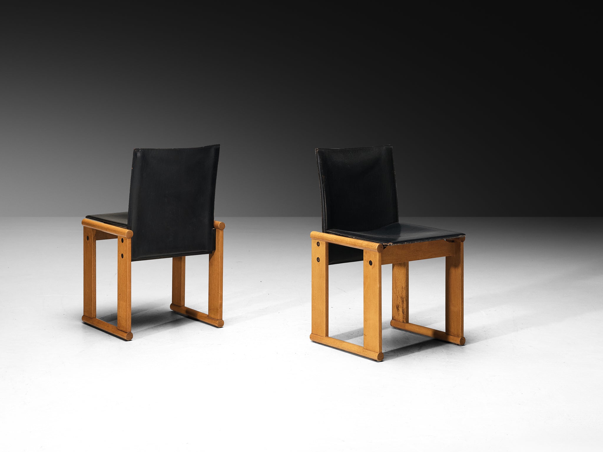 Afra & Tobia Scarpa Set of Four Dining Chairs in Walnut and Black Saddle Leather Seating Morentz