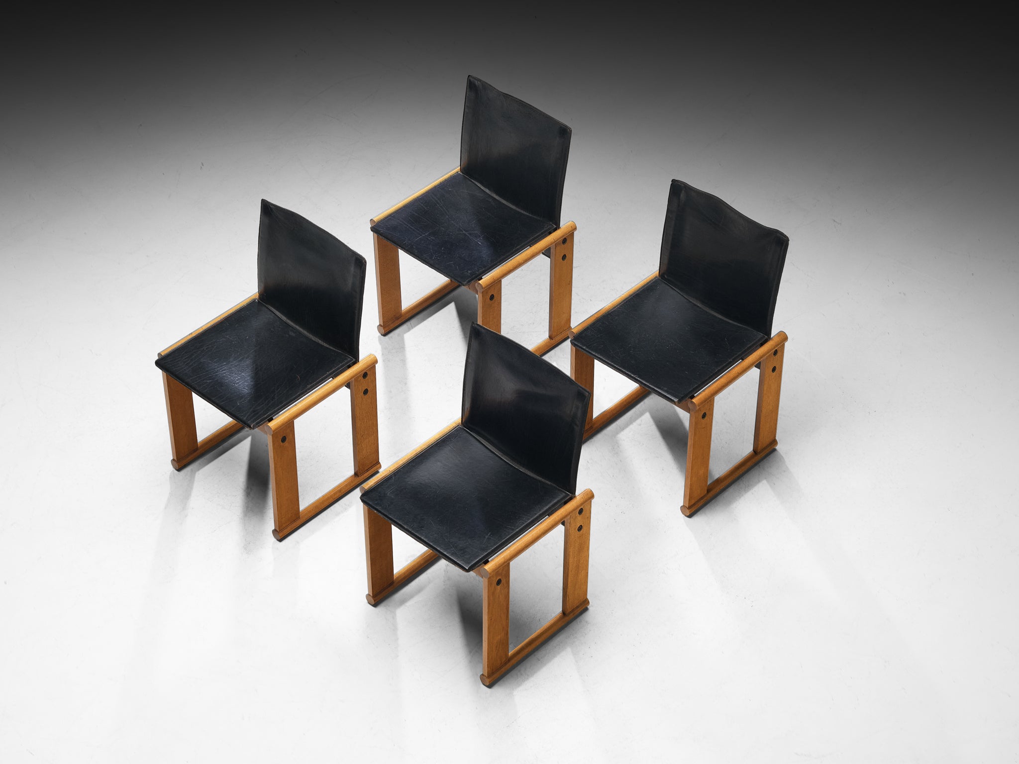Afra & Tobia Scarpa Set of Four Dining Chairs in Walnut and Black Saddle Leather Seating Morentz