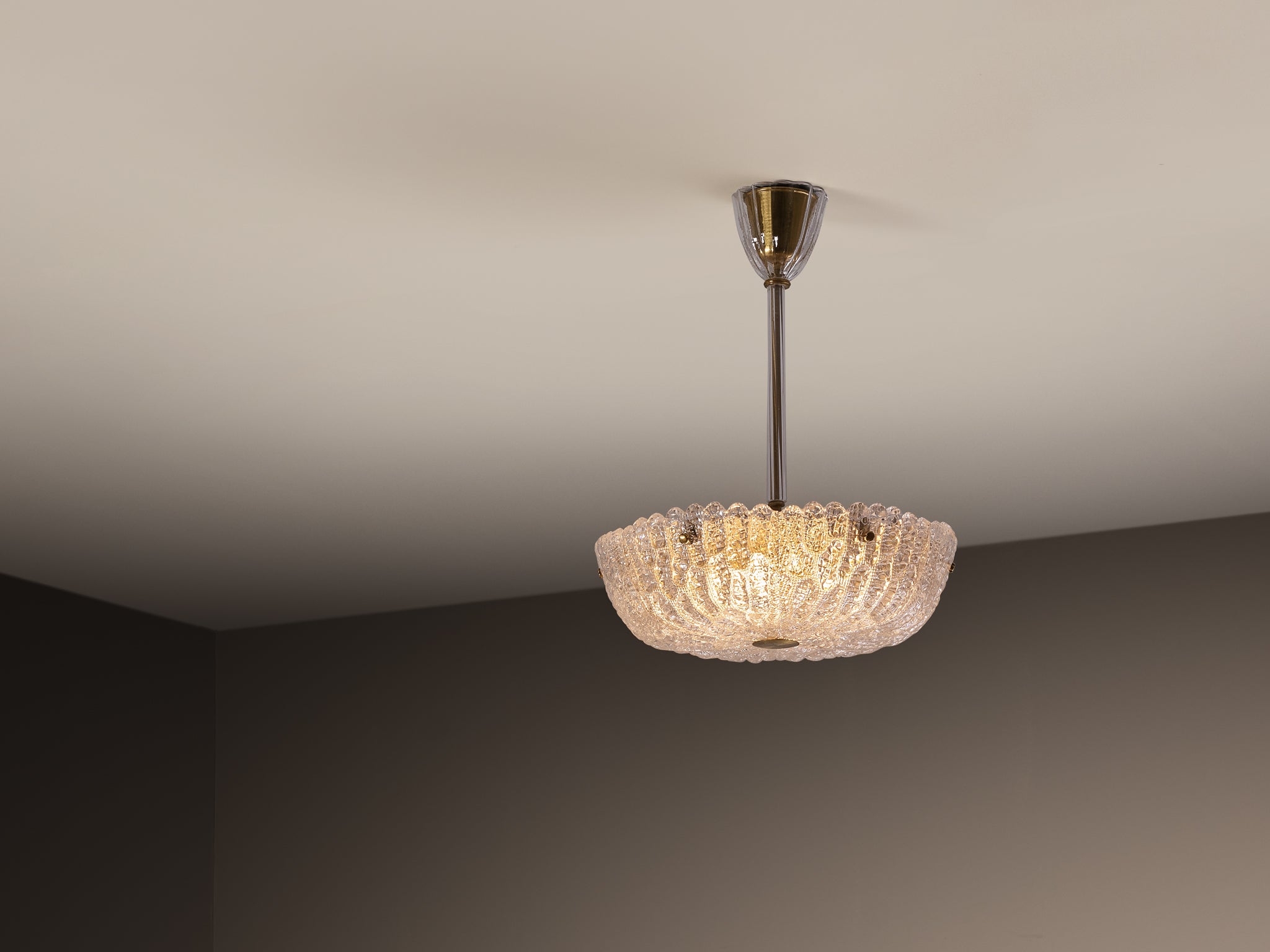 Carl Fagerlund for Orrefors Brass and Textured Glass Chandelier 1960s