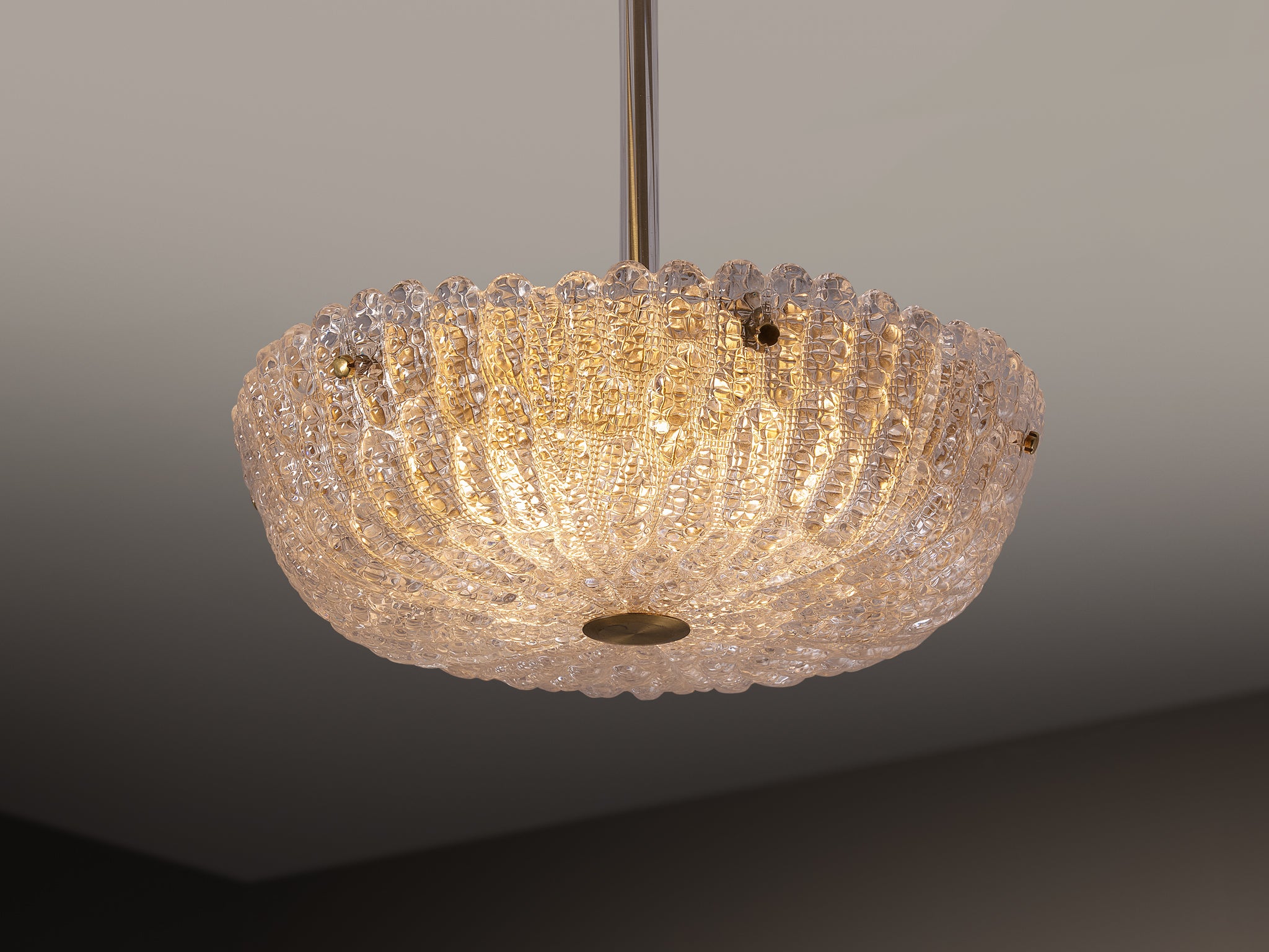 Carl Fagerlund for Orrefors Brass and Textured Glass Chandelier 1960s