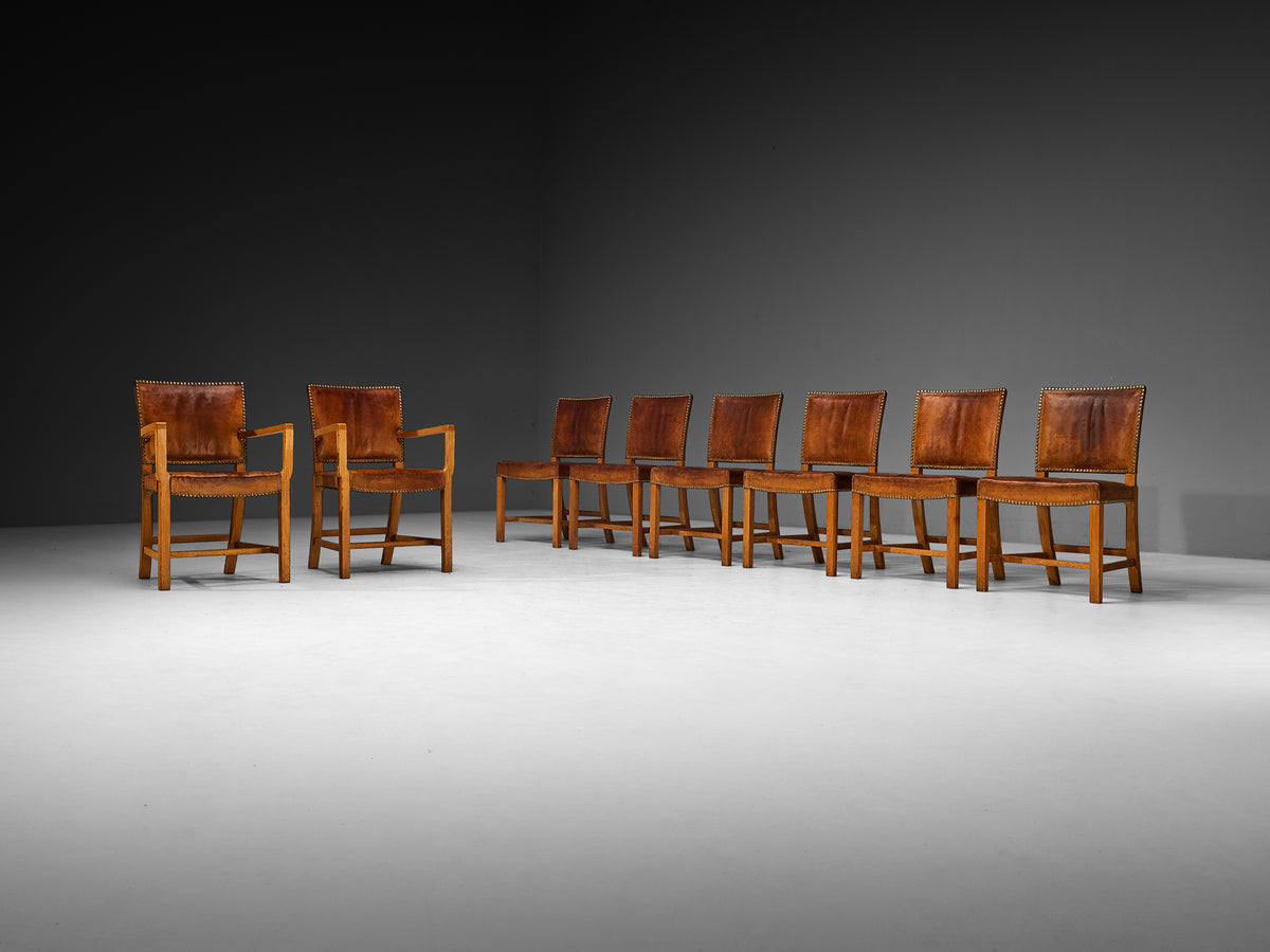 Jacob Kjaer Set of Eight Dining Chairs in Oak and Leather 1930s Seating Morentz