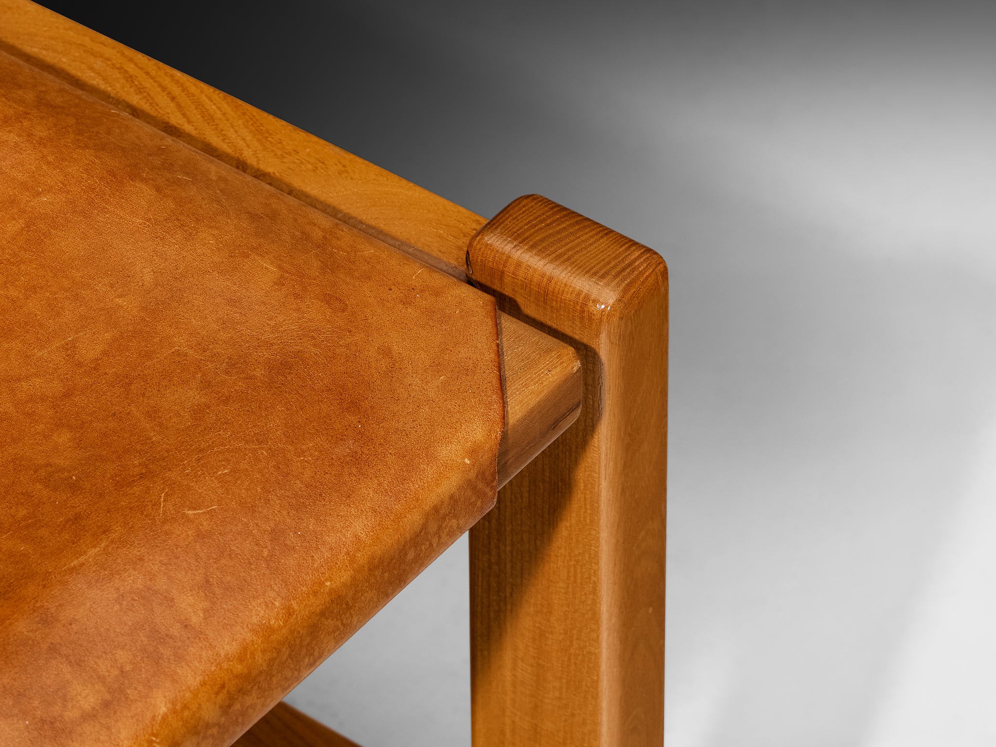 Maison Regain Set of Eight Dining Chairs in Solid Elm, Patinated Cognac Leather Seating Morentz