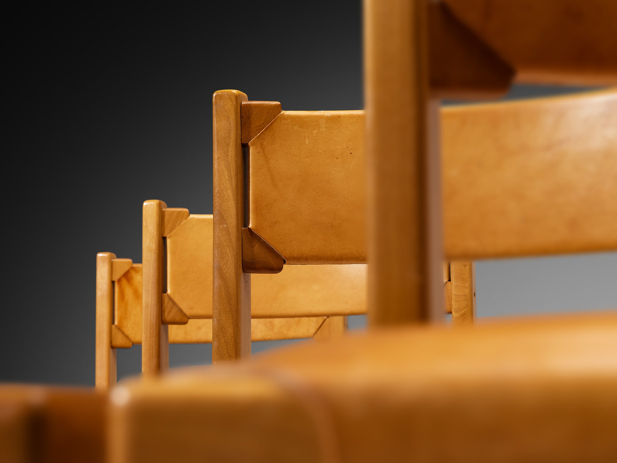 Maison Regain Set of Eight Dining Chairs in Solid Elm, Patinated Cognac Leather Seating Morentz
