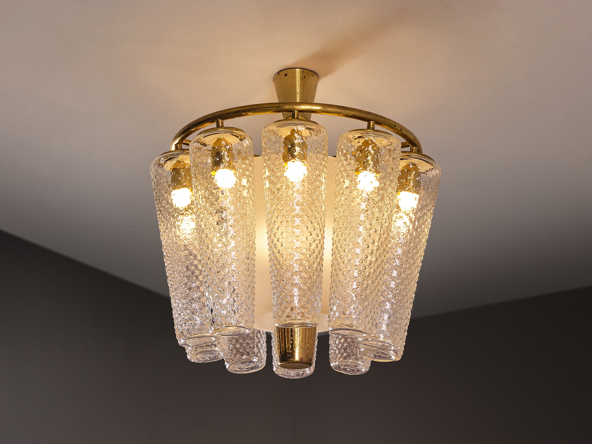 Lisa Johansson-Pape Large Chandelier in Brass and Textured Glass 1950s Lighting Morentz