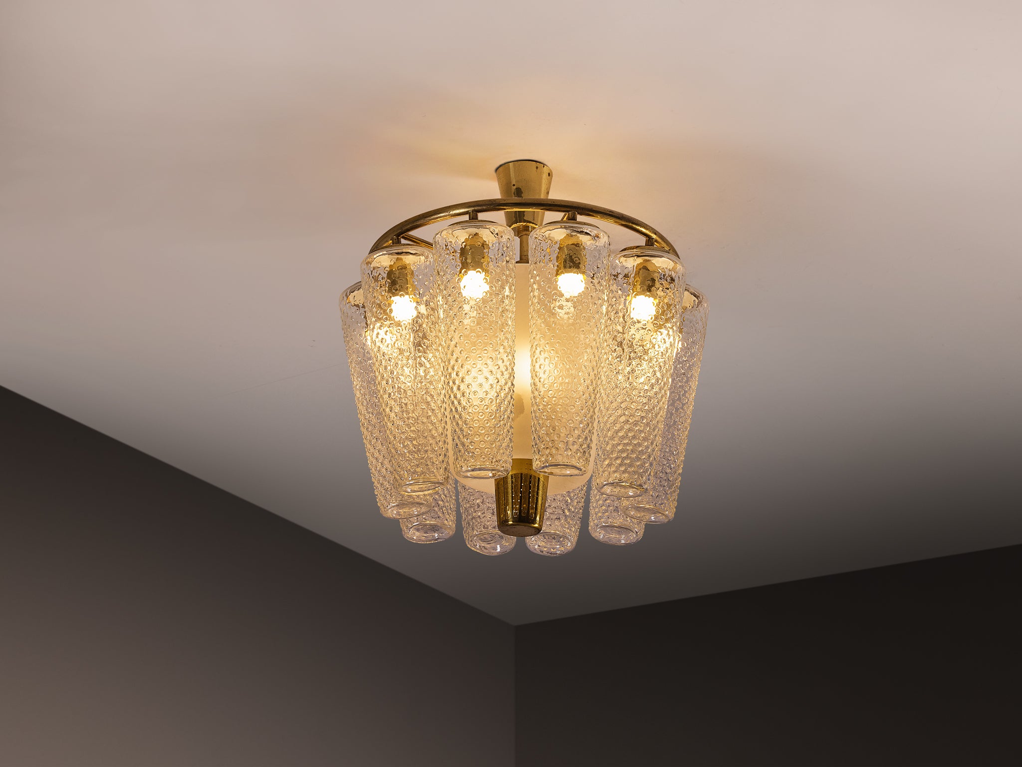 Lisa Johansson-Pape Large Chandelier in Brass, Textured Glass 1950s 67cm/26.38in Lighting Morentz