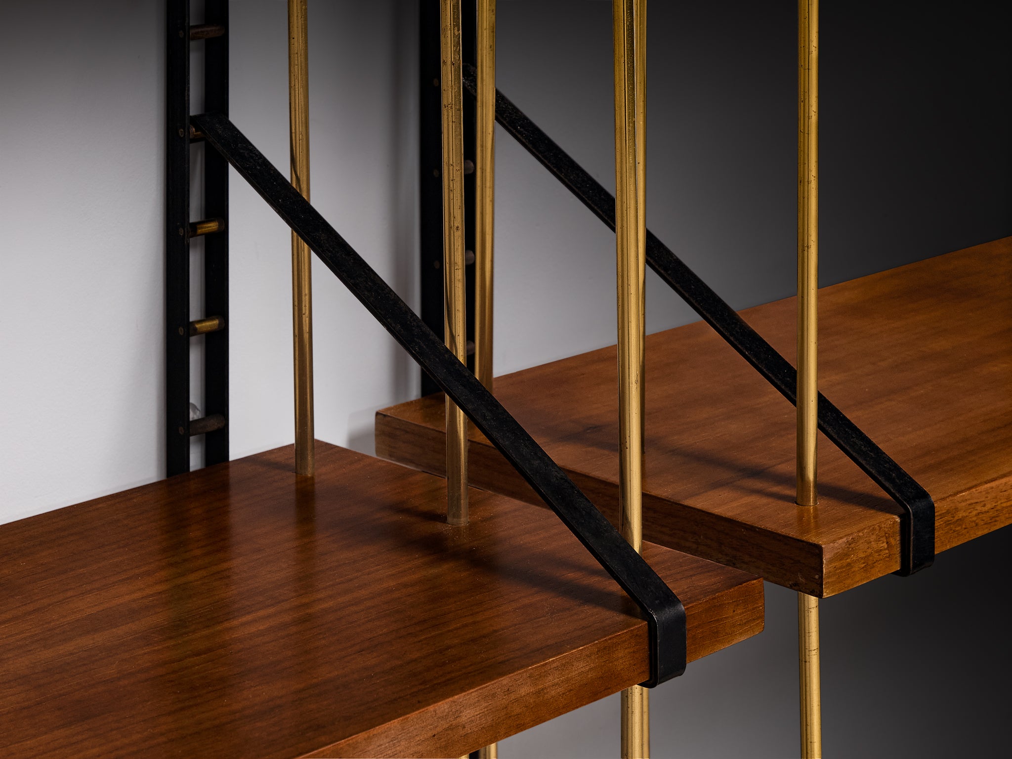 Large Italian Modular Wall Unit in Walnut, Brass and Steel 1960s Width 311cm/122in