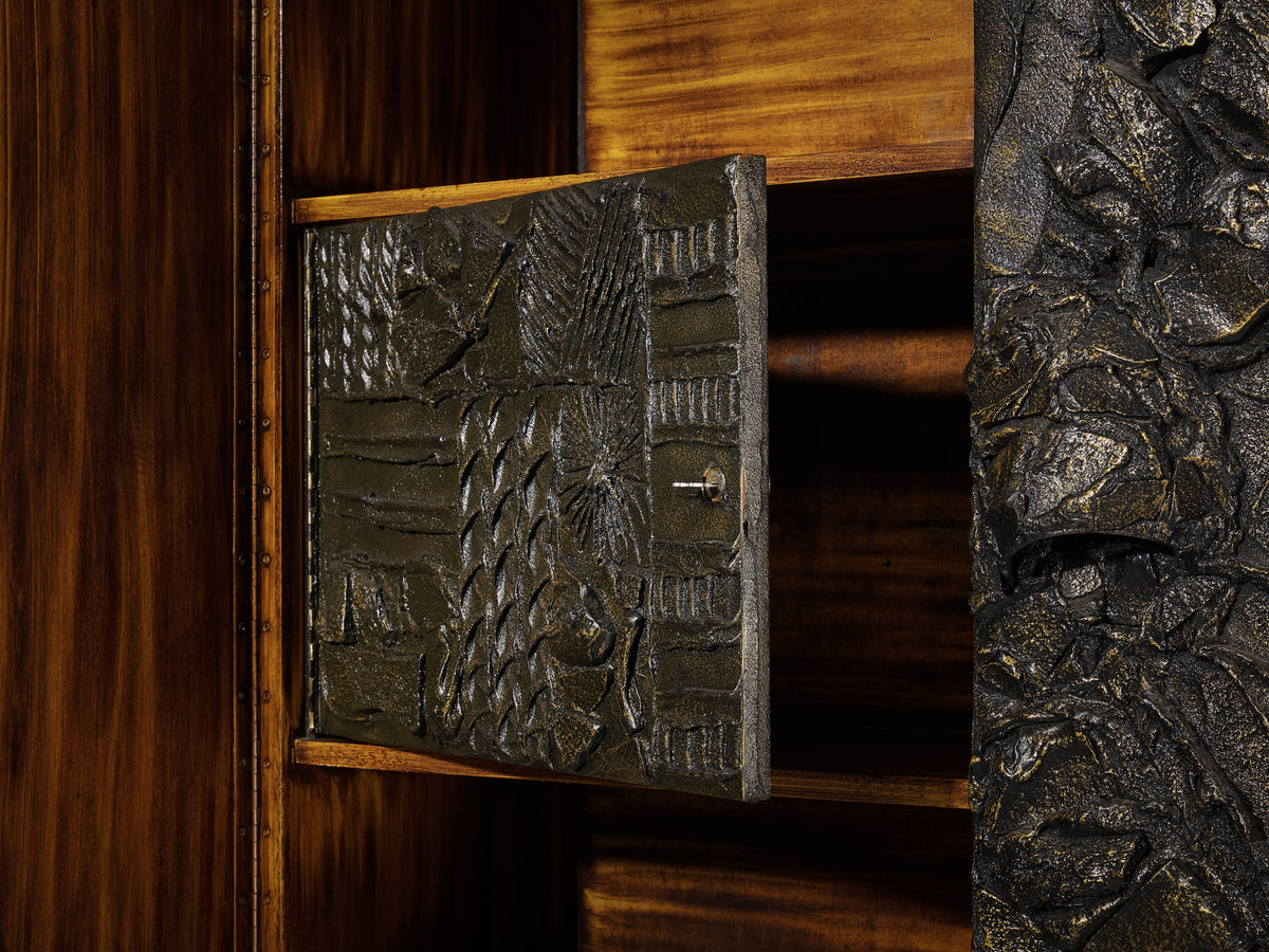 Paul Evans for Directional Large-Scaled Wall-Mounted 'PE 122' Bar Cabinet in Sculpted Bronze Case pieces and storage cabinets Morentz