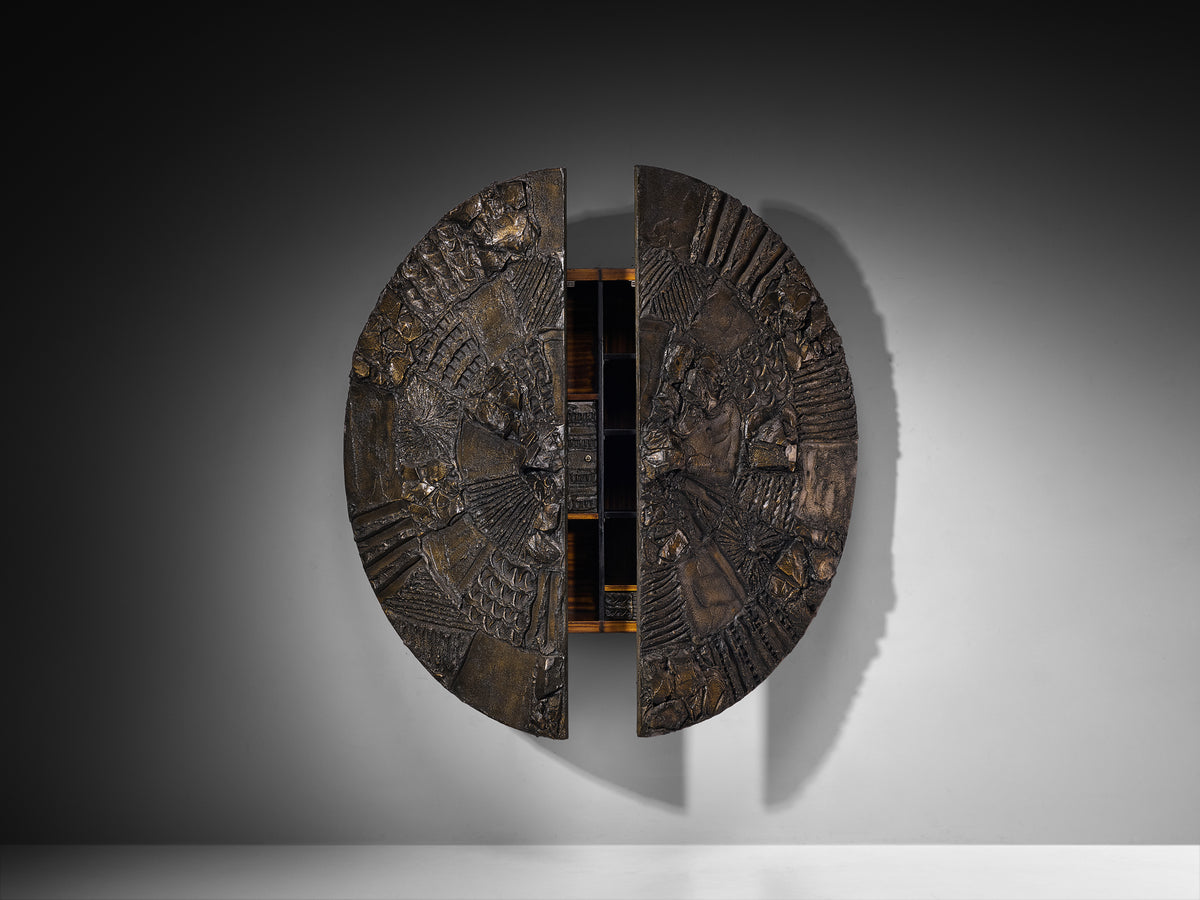 Paul Evans for Directional Large-Scaled Wall-Mounted 'PE 122' Bar Cabinet in Sculpted Bronze Case pieces and storage cabinets Morentz