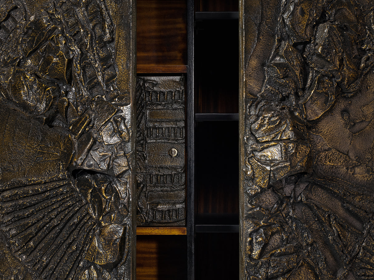 Paul Evans for Directional Large-Scaled Wall-Mounted 'PE 122' Bar Cabinet in Sculpted Bronze Case pieces and storage cabinets Morentz