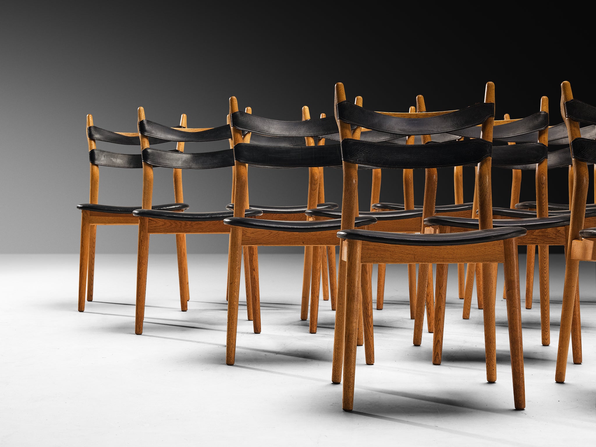 Helge Sibast for Sibast Rare Set of Fourteen Dining Chairs in Oak and Leather Seating Morentz