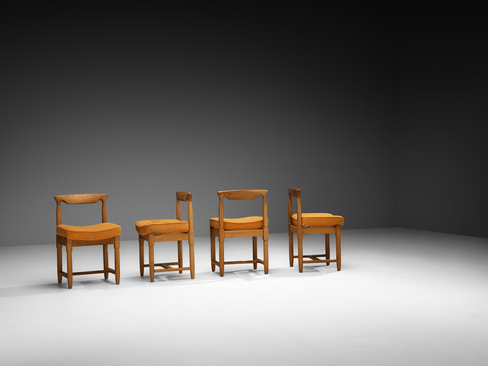Guillerme & Chambron Set of Four Dining Chairs in Oak and Orange Wool Seating Morentz