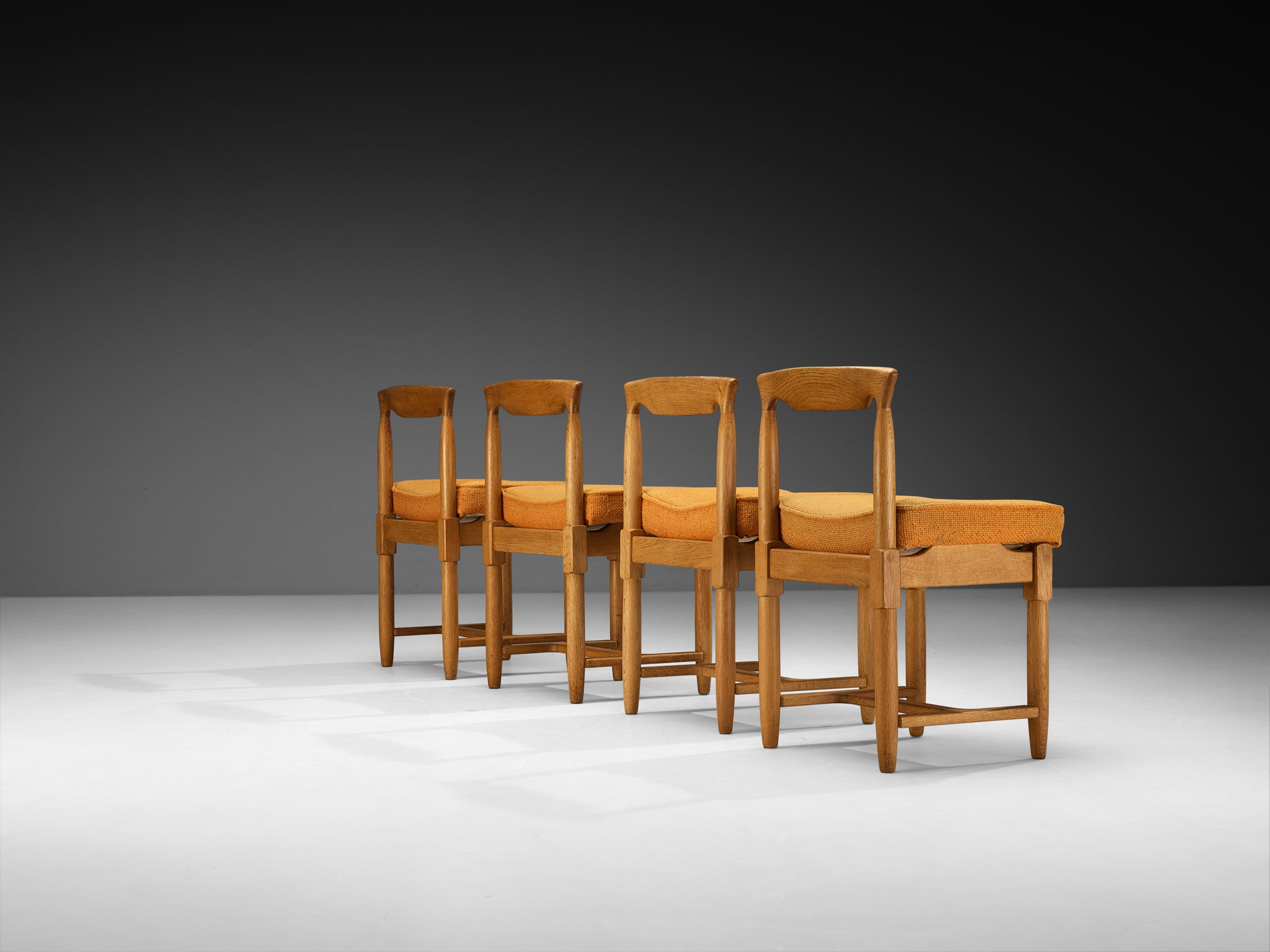 Guillerme & Chambron Set of Four Dining Chairs in Oak and Orange Wool Seating Morentz