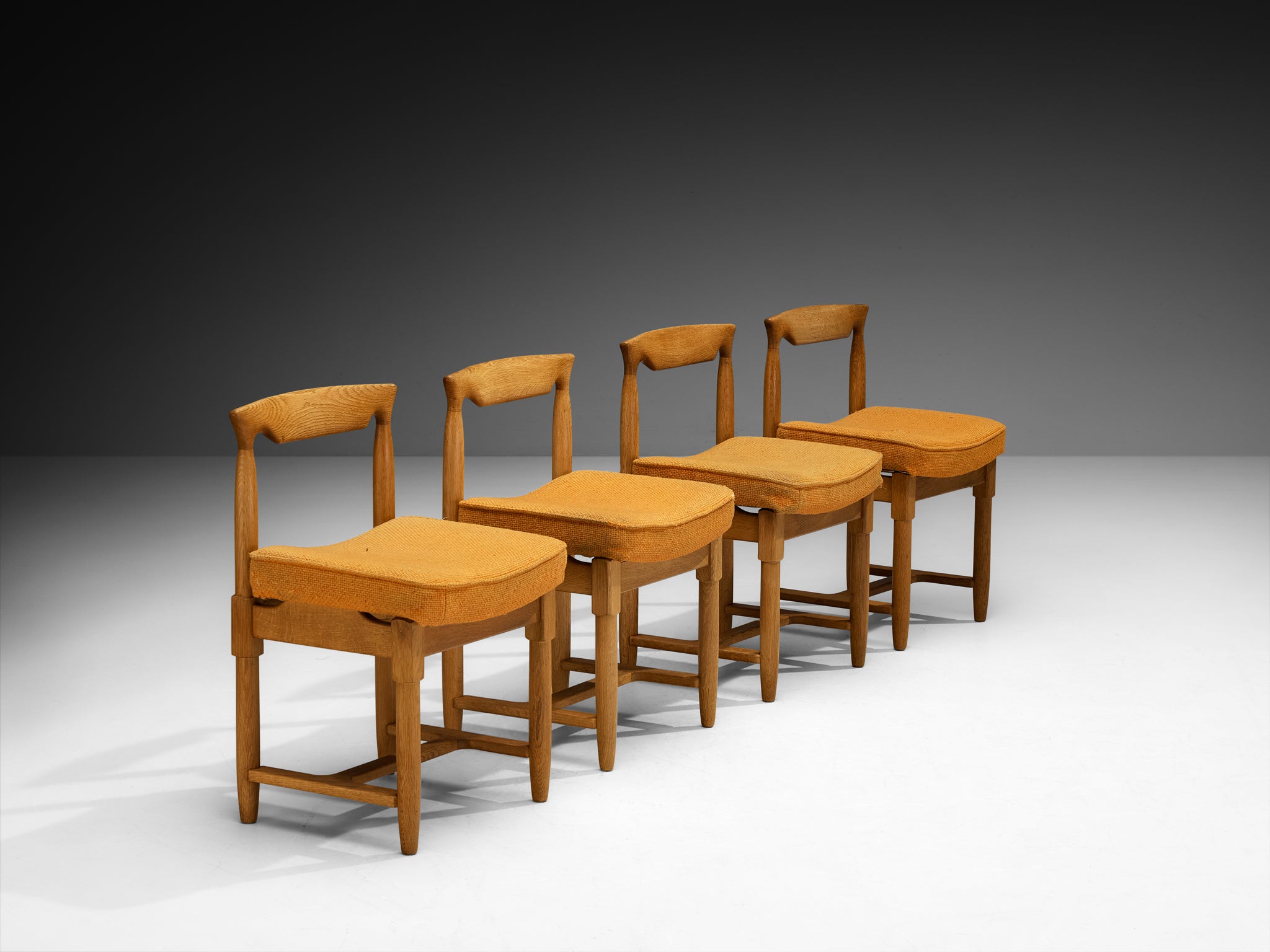 Guillerme & Chambron Set of Four Dining Chairs in Oak and Orange Wool Seating Morentz