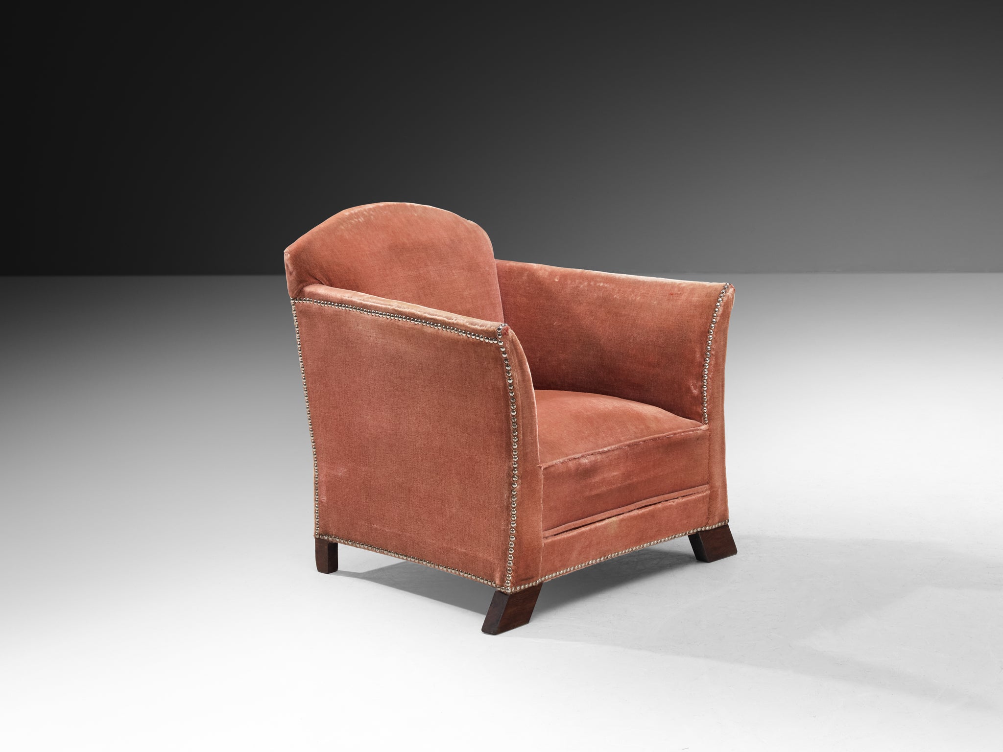 Art Deco Elegant Lounge Chairs in Pink Velvet Metal Studs and Wooden Feet Seating Morentz