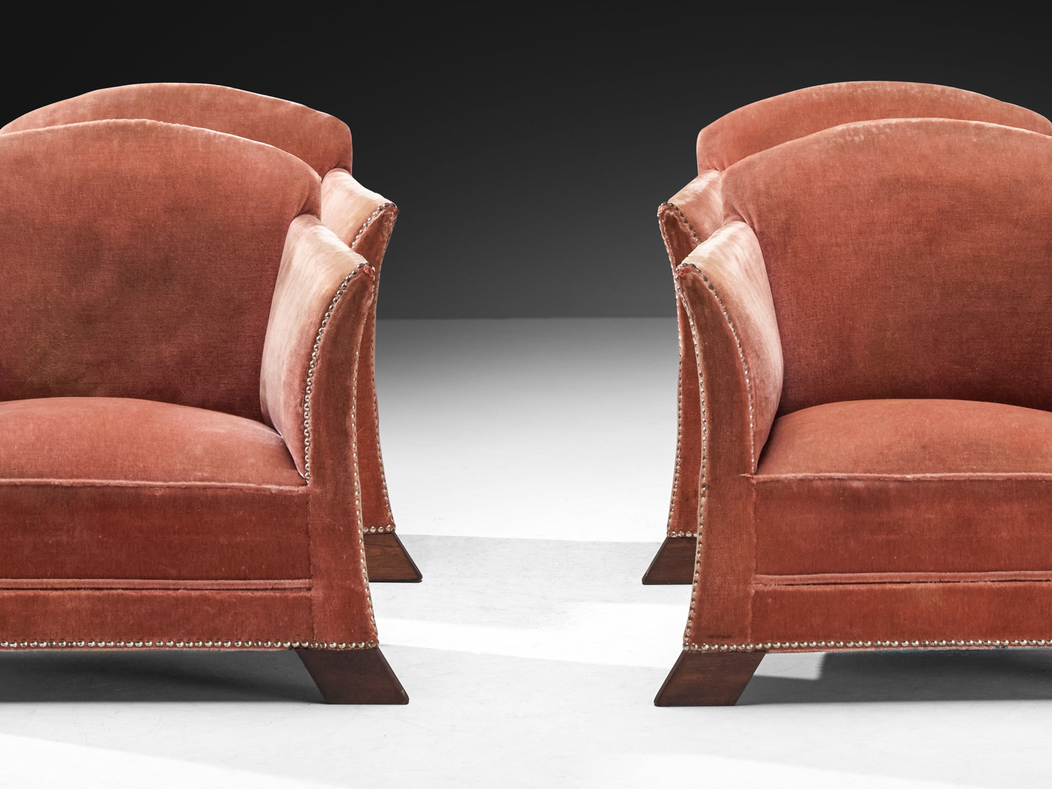 Art Deco Elegant Lounge Chairs in Pink Velvet Metal Studs and Wooden Feet Seating Morentz
