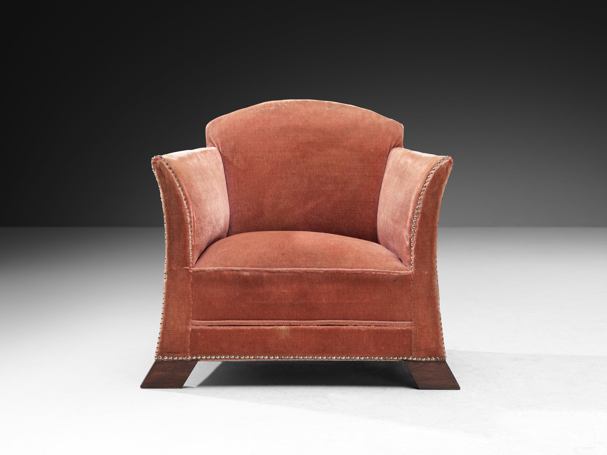 Art Deco Elegant Lounge Chairs in Pink Velvet Metal Studs and Wooden Feet Seating Morentz