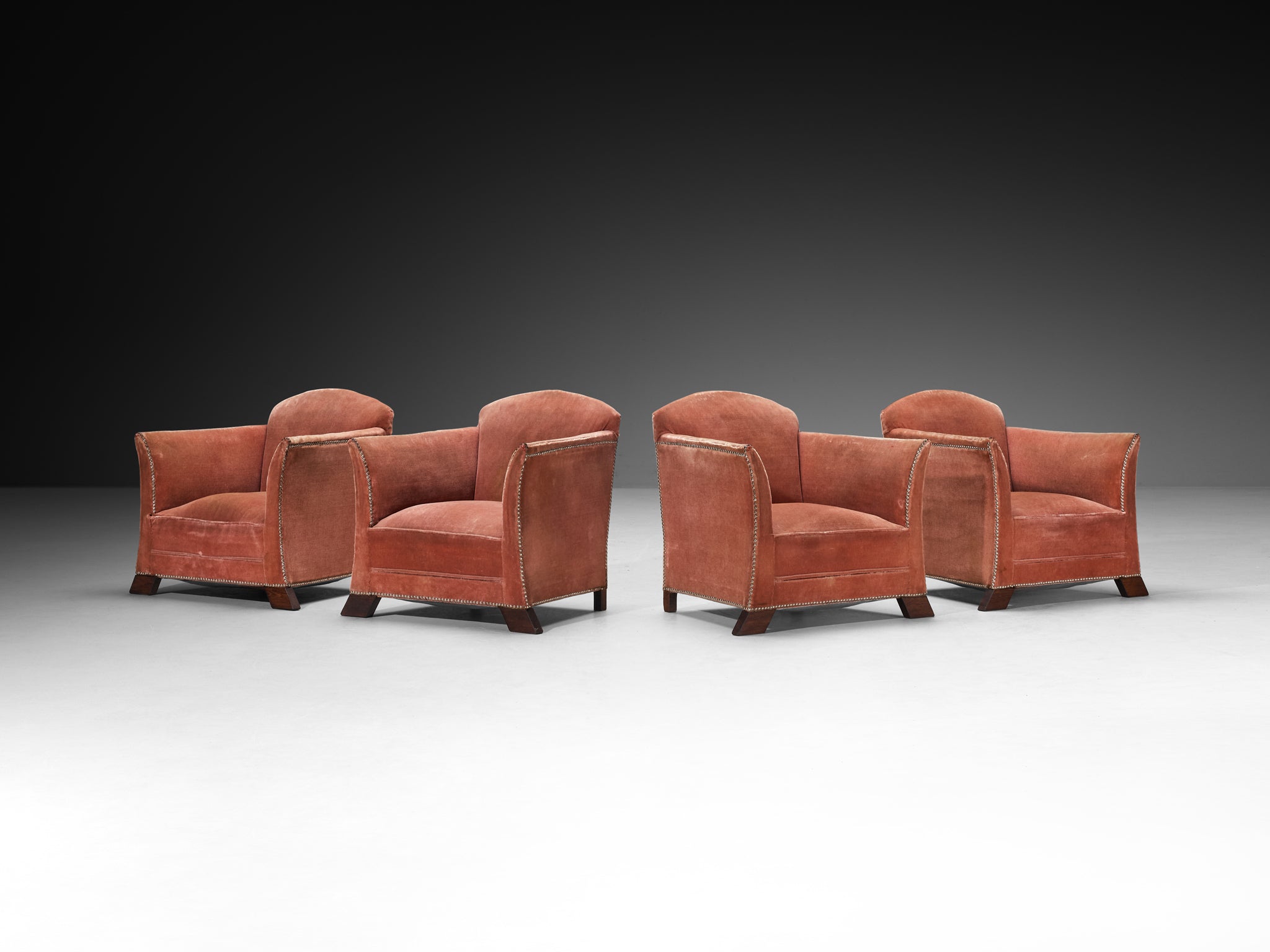 Art Deco Elegant Lounge Chairs in Pink Velvet Metal Studs and Wooden Feet Seating Morentz
