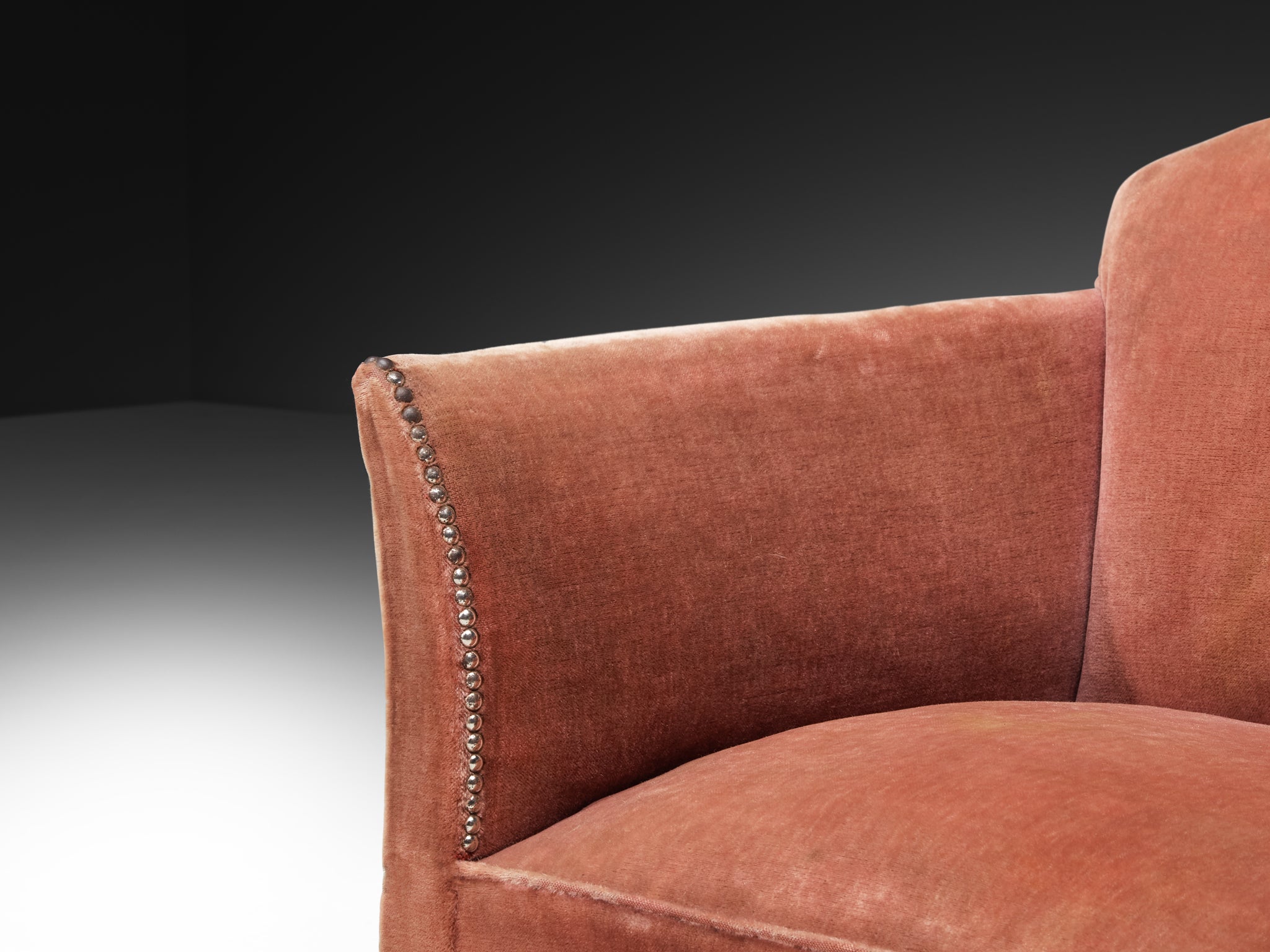 Art Deco Elegant Lounge Chairs in Pink Velvet Metal Studs and Wooden Feet Seating Morentz