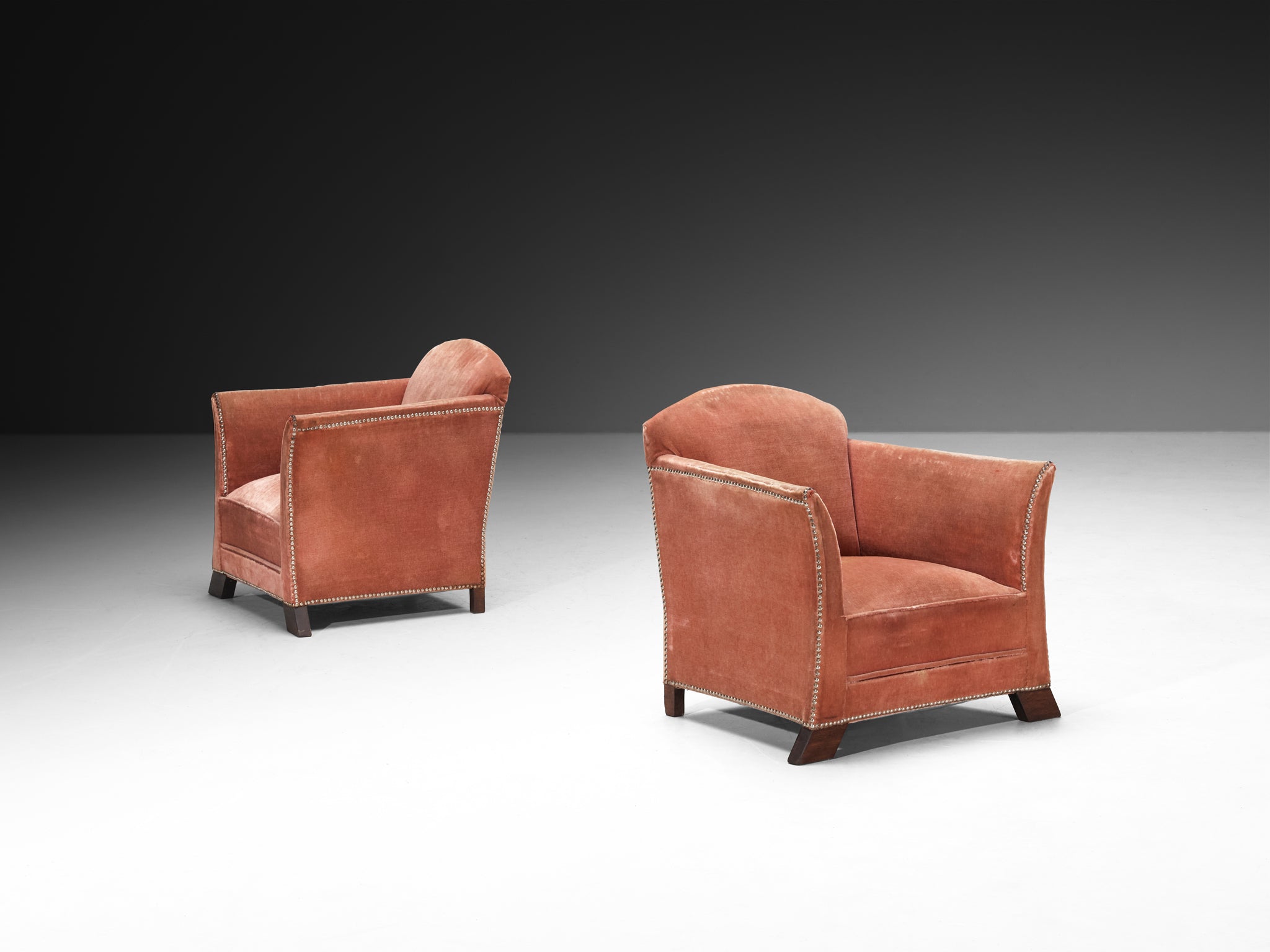 Art Deco Elegant Lounge Chairs in Pink Velvet Metal Studs and Wooden Feet Seating Morentz