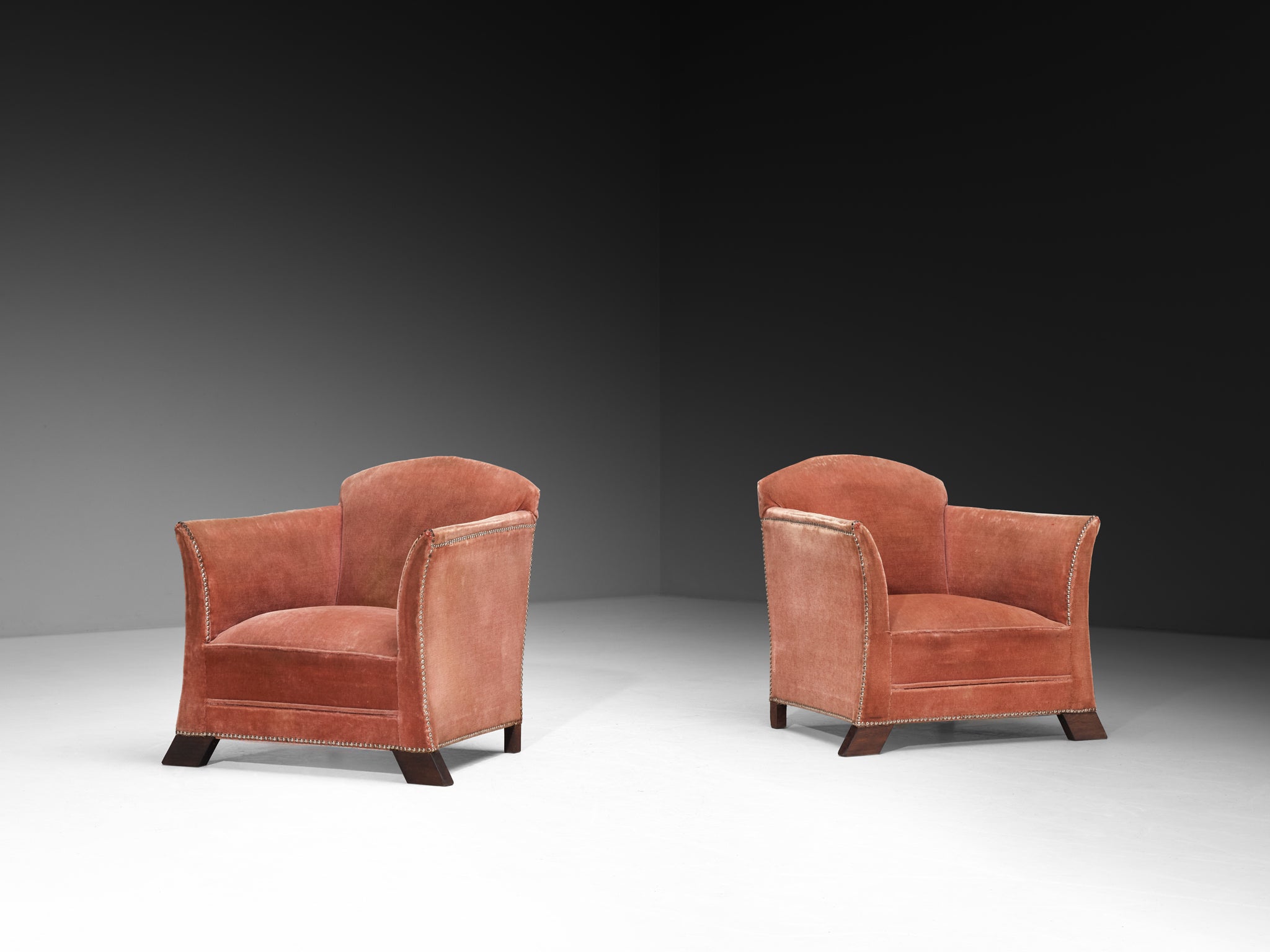 Art Deco Elegant Lounge Chairs in Pink Velvet Metal Studs and Wooden Feet Seating Morentz