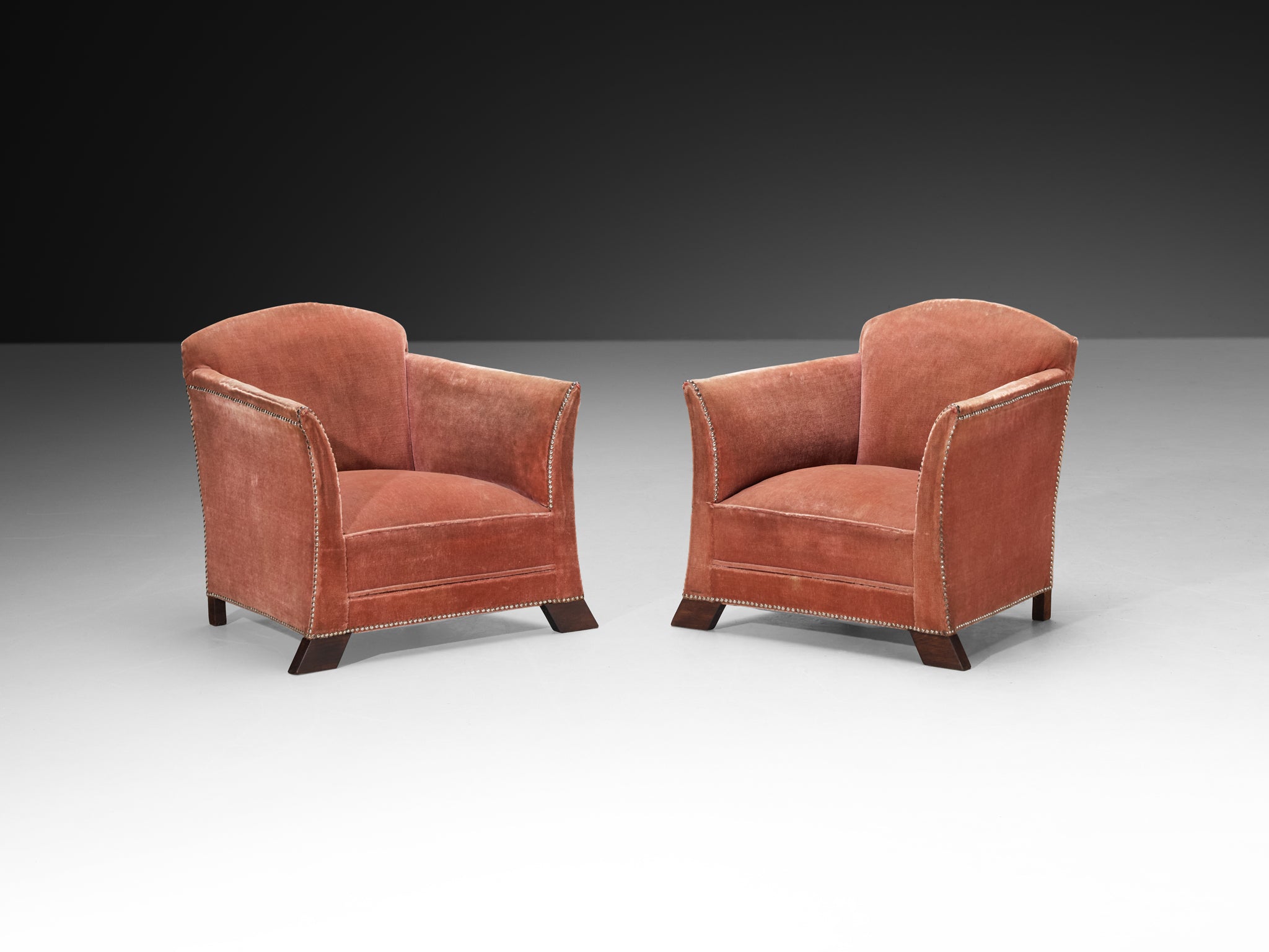 Art Deco Elegant Lounge Chairs in Pink Velvet Metal Studs and Wooden Feet Seating Morentz