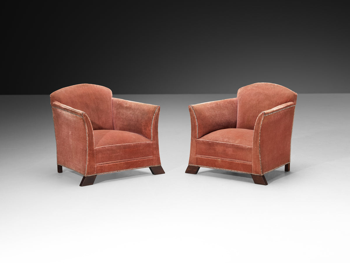 Art Deco Elegant Lounge Chairs in Pink Velvet Metal Studs and Wooden Feet Seating Morentz