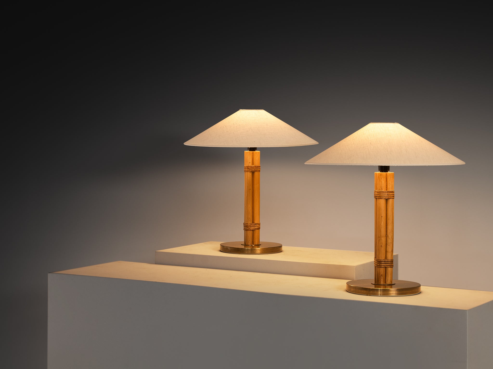 Bergboms Pair of 'B-105' Table Lamps in Bamboo Brass and Fabric Shades Lighting Morentz