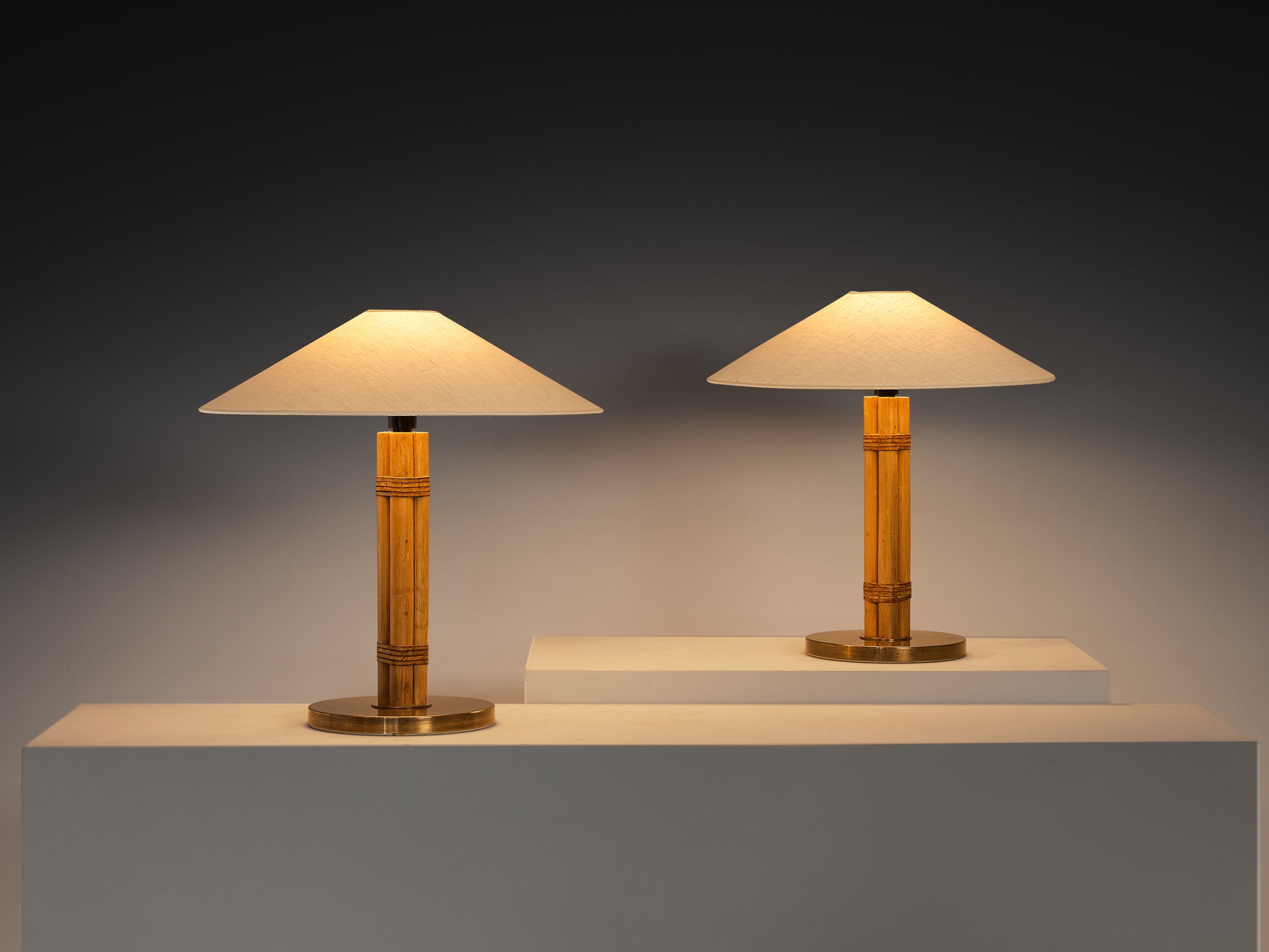 Bergboms Pair of 'B-105' Table Lamps in Bamboo Brass and Fabric Shades Lighting Morentz