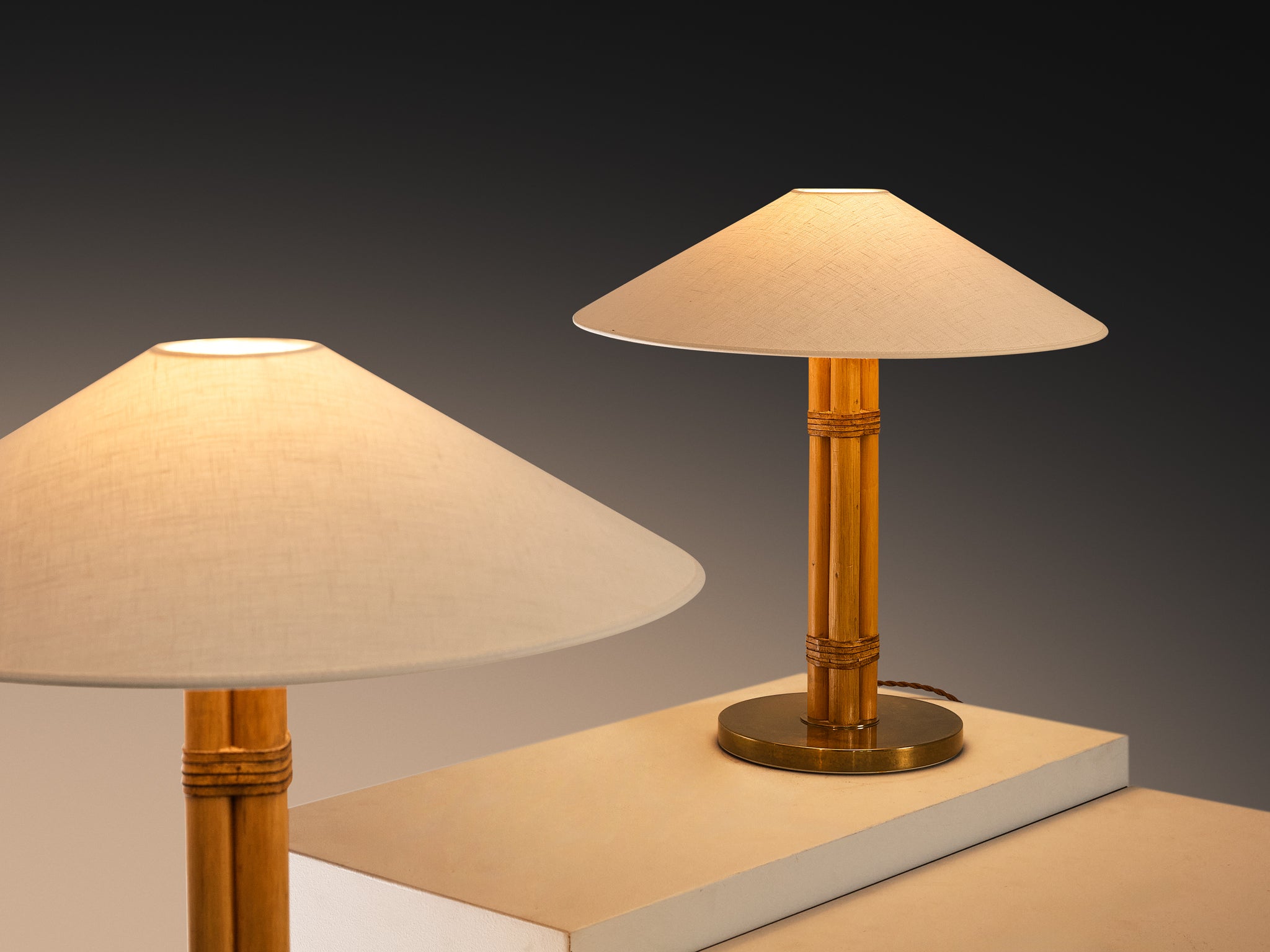 Bergboms Pair of 'B-105' Table Lamps in Bamboo Brass and Fabric Shades Lighting Morentz