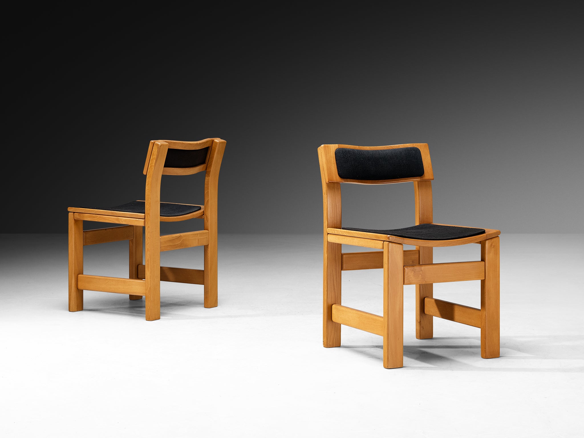Set of Four French Postmodern Dining Chairs in Elm and Black Upholstery Seating Morentz