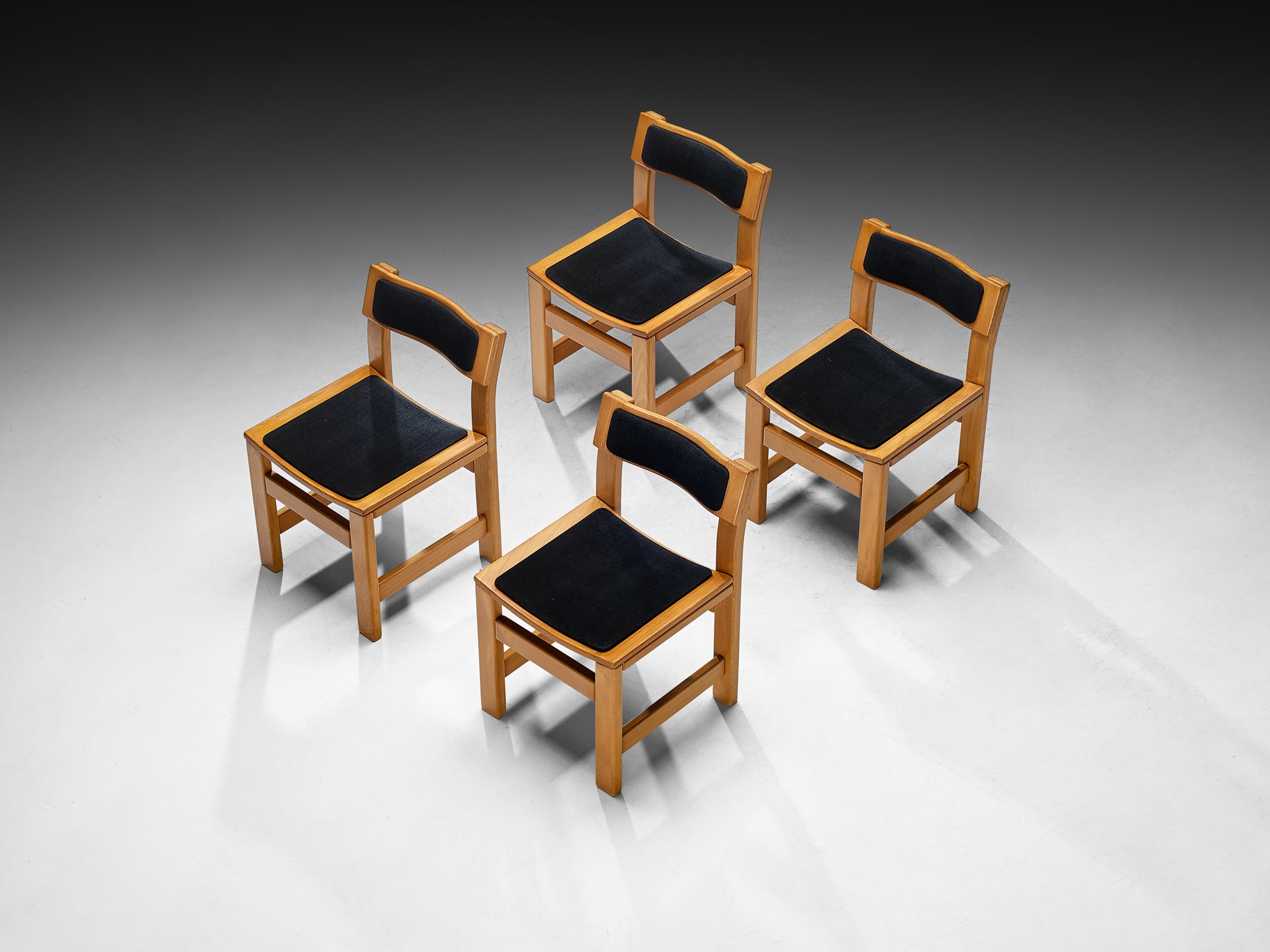 Set of Four French Postmodern Dining Chairs in Elm and Black Upholstery Seating Morentz
