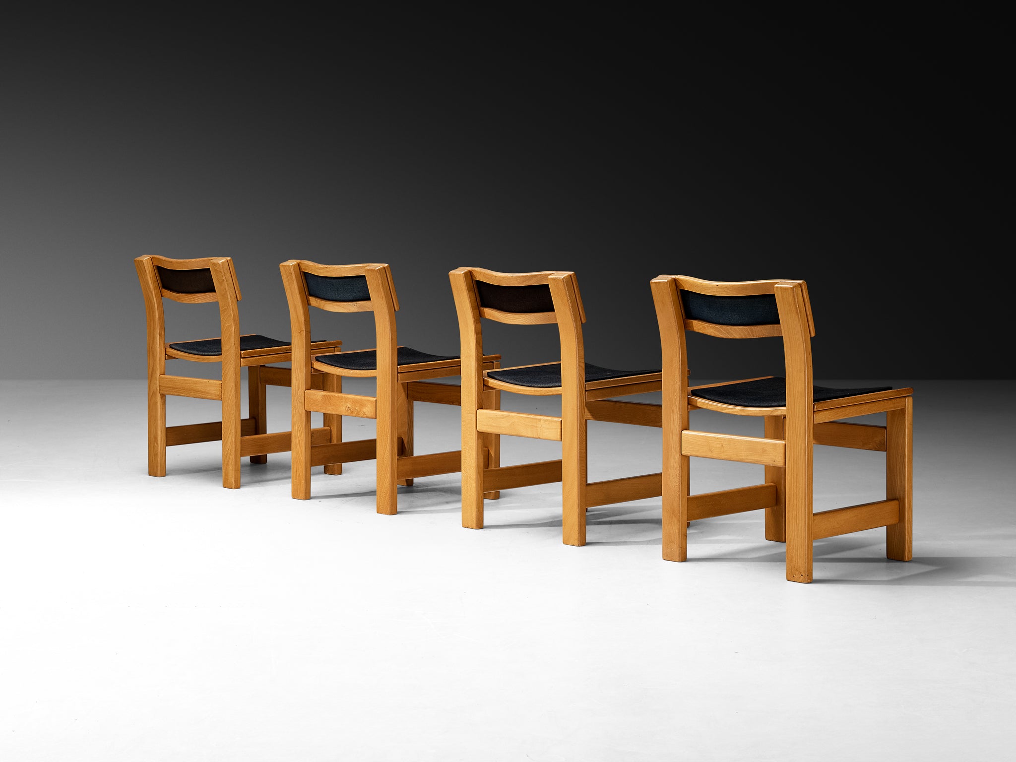 Set of Four French Postmodern Dining Chairs in Elm and Black Upholstery Seating Morentz