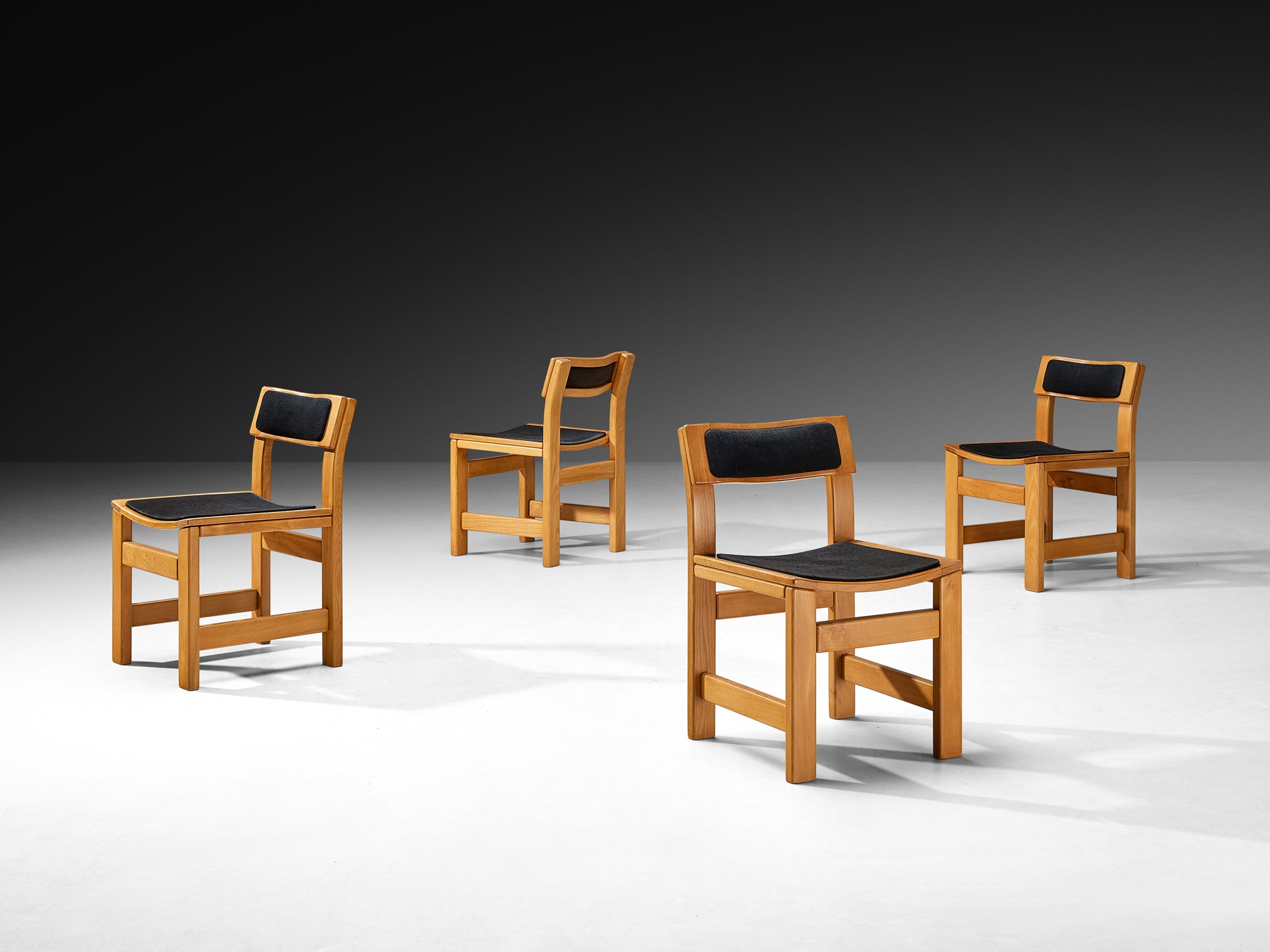 Set of Four French Postmodern Dining Chairs in Elm and Black Upholstery Seating Morentz