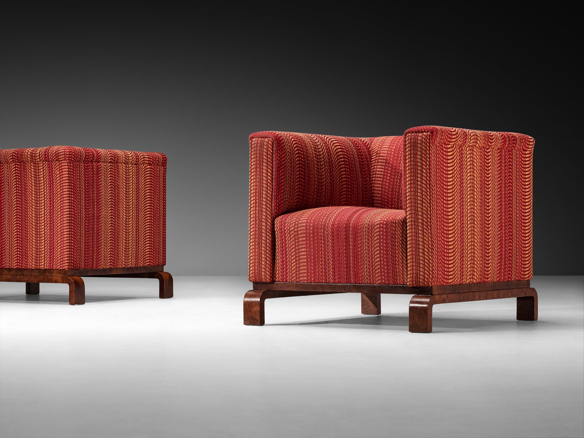 Pair of Italian 1930s Art Deco Lounge Chairs with Arched Feet in Walnut Burl Seating Morentz