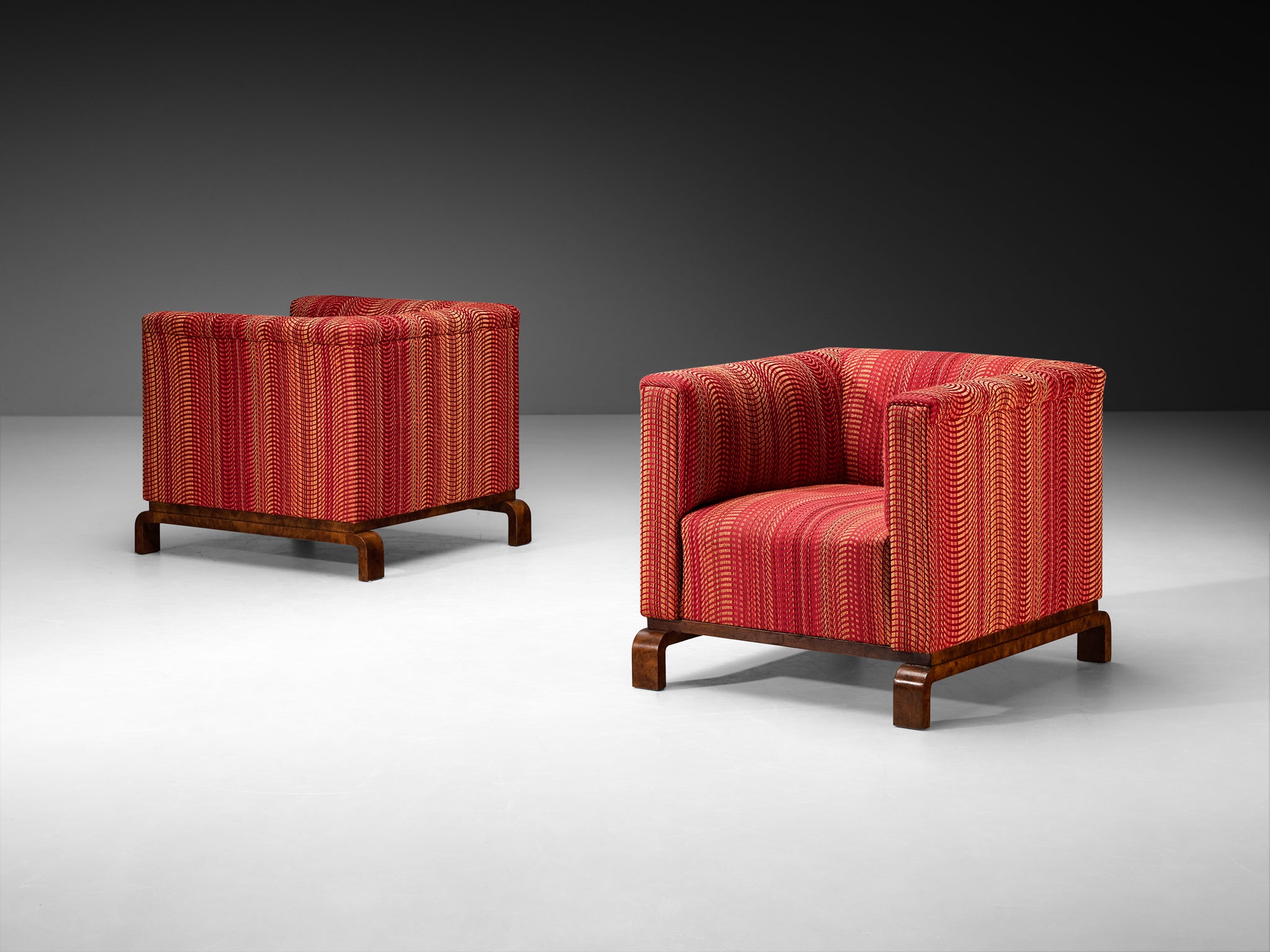 Pair of Italian 1930s Art Deco Lounge Chairs with Arched Feet in Walnut Burl Seating Morentz