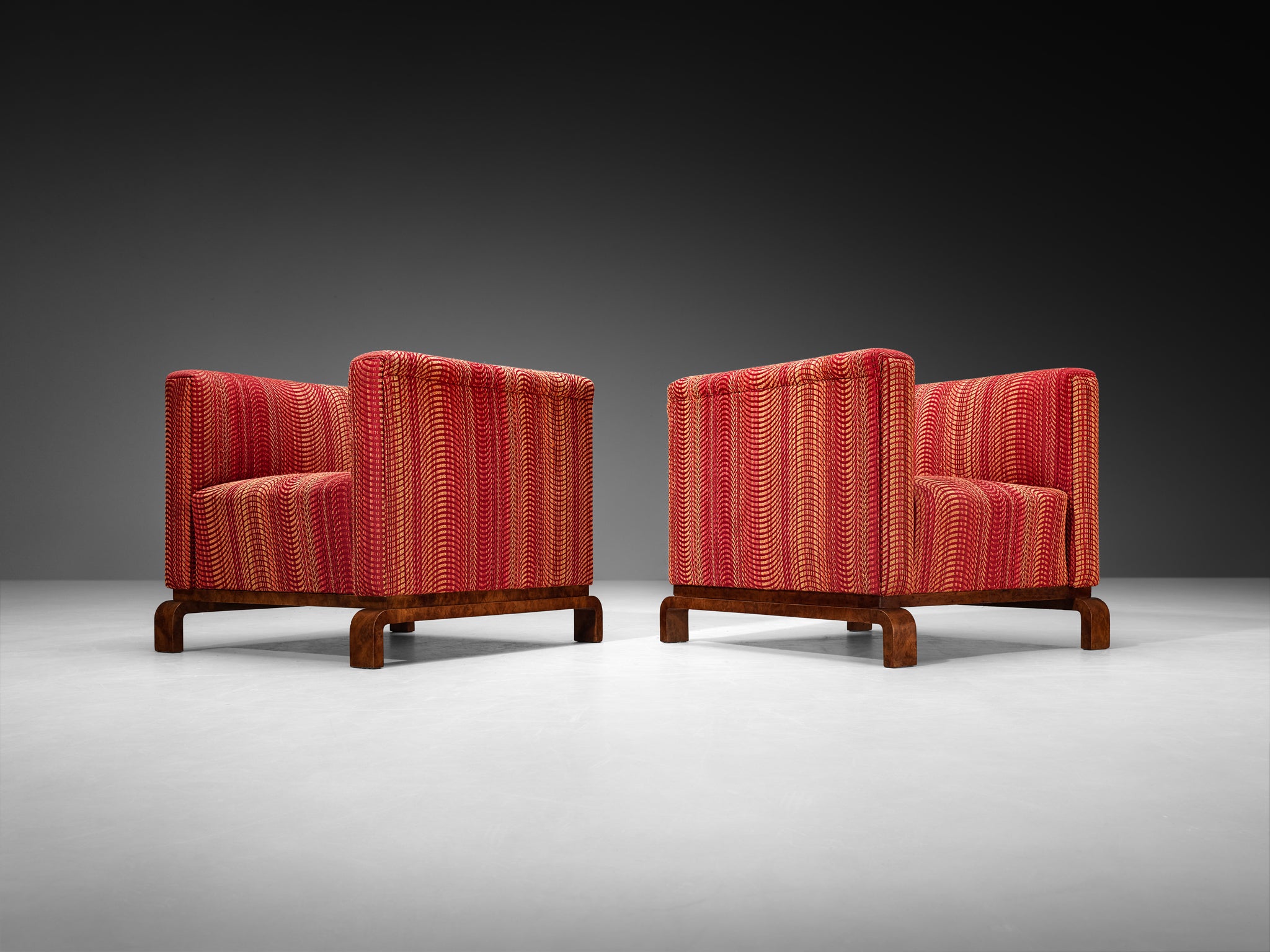 Pair of Italian 1930s Art Deco Lounge Chairs with Arched Feet in Walnut Burl Seating Morentz