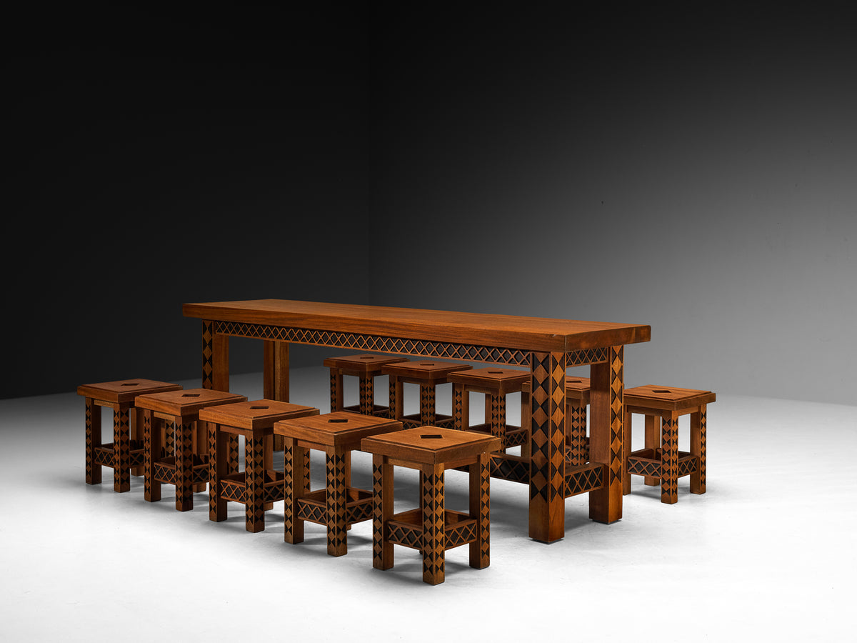 Giordano Righini Mid-Century Large Dining Set in Carved Meranti Tables Morentz