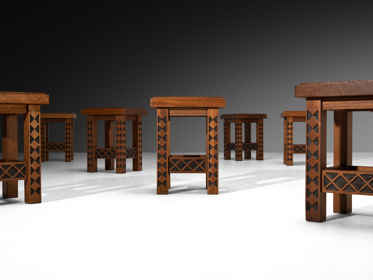 Giordano Righini Mid-Century Large Dining Set in Carved Meranti Tables Morentz