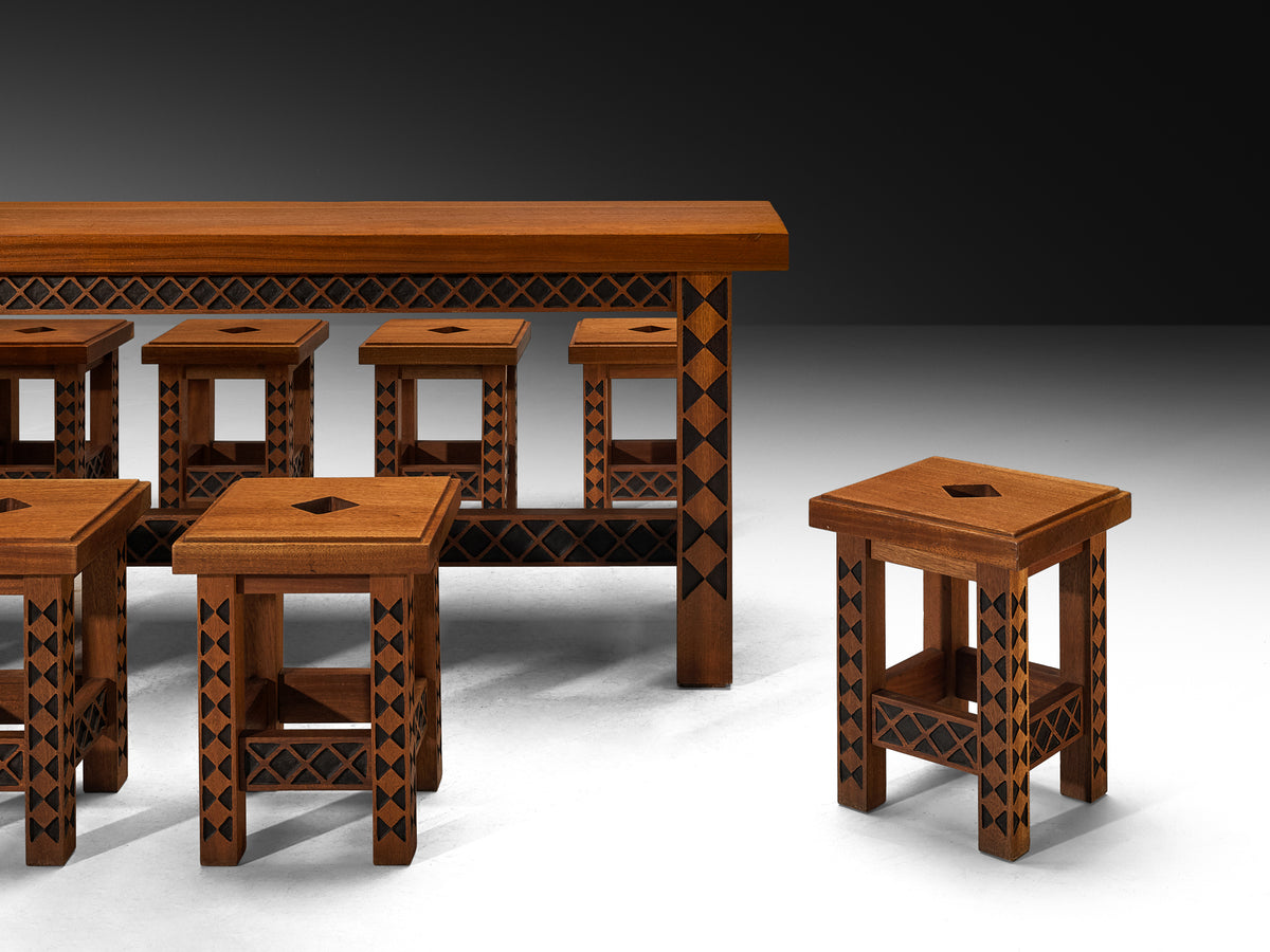 Giordano Righini Mid-Century Large Dining Set in Carved Meranti Tables Morentz