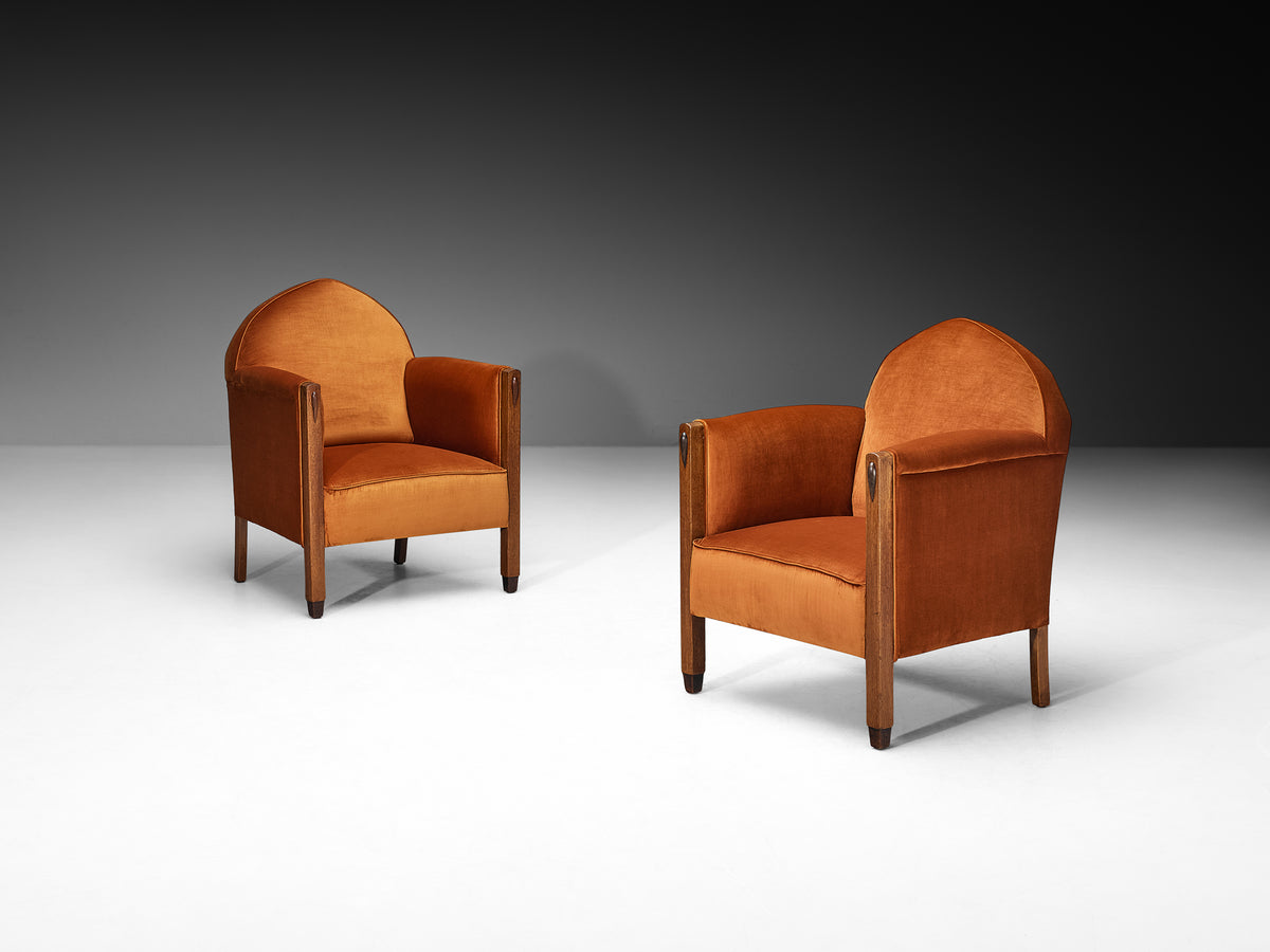Art Deco Armchairs in Oak with Sculptural Pointed Backs In Burnt Pierre Frey Orange Velvet Seating Morentz