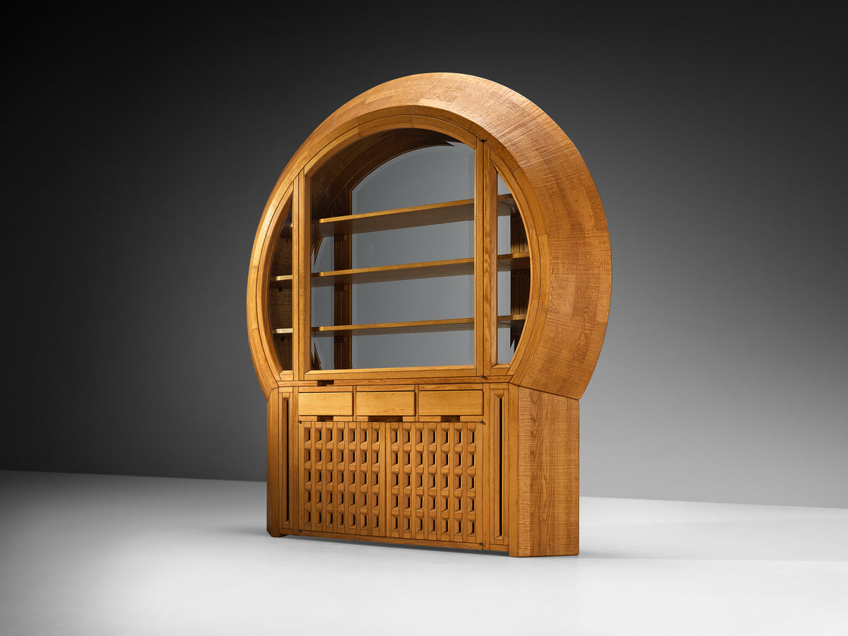 Giuseppe Rivadossi Unique Large Freestanding Round Display Cabinet in Sculpted Oak Case pieces and storage cabinets Morentz
