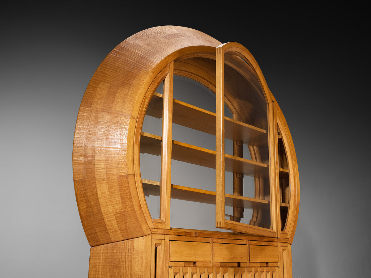 Giuseppe Rivadossi Unique Large Freestanding Round Display Cabinet in Sculpted Oak Case pieces and storage cabinets Morentz