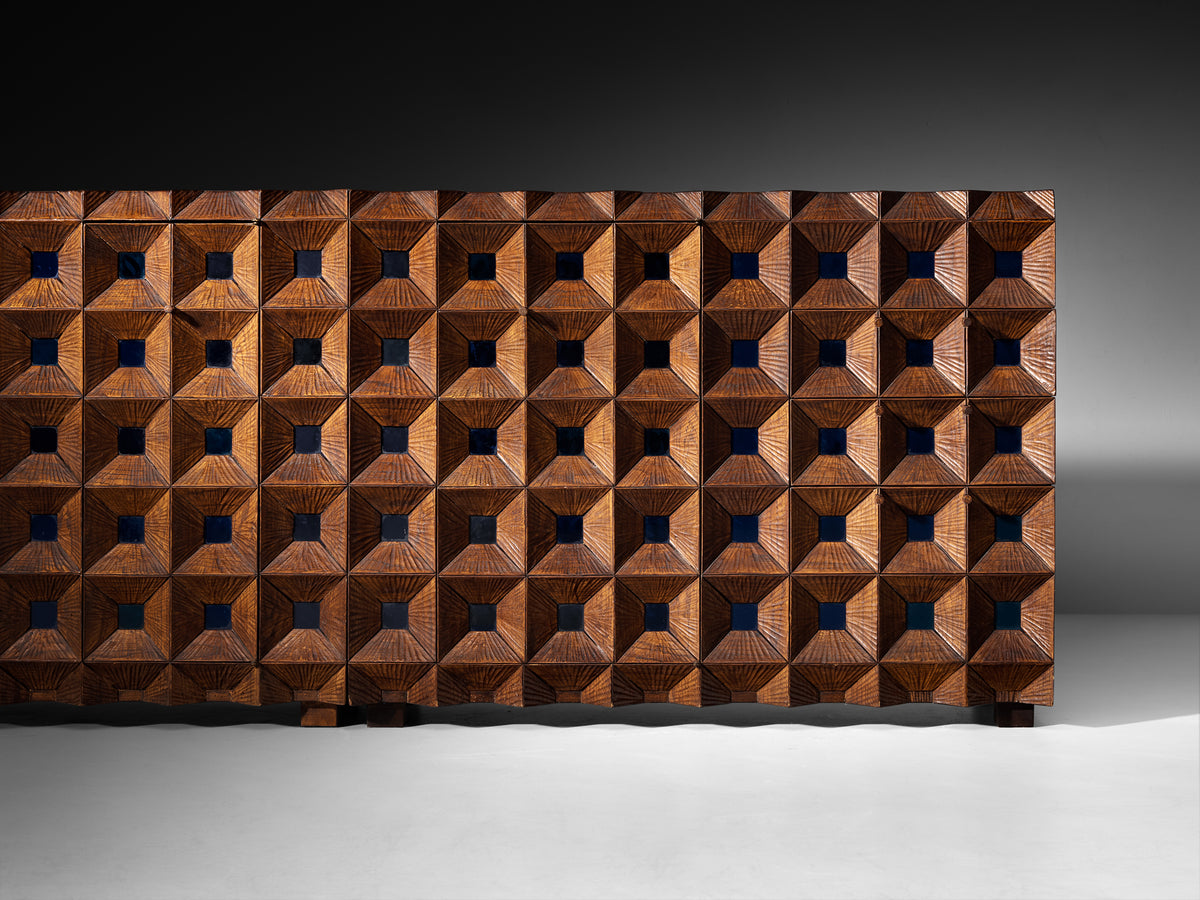 Early and Unique Giuseppe Rivadossi Sideboard in Carved Oak and Blue Glass Case pieces and storage cabinets Morentz