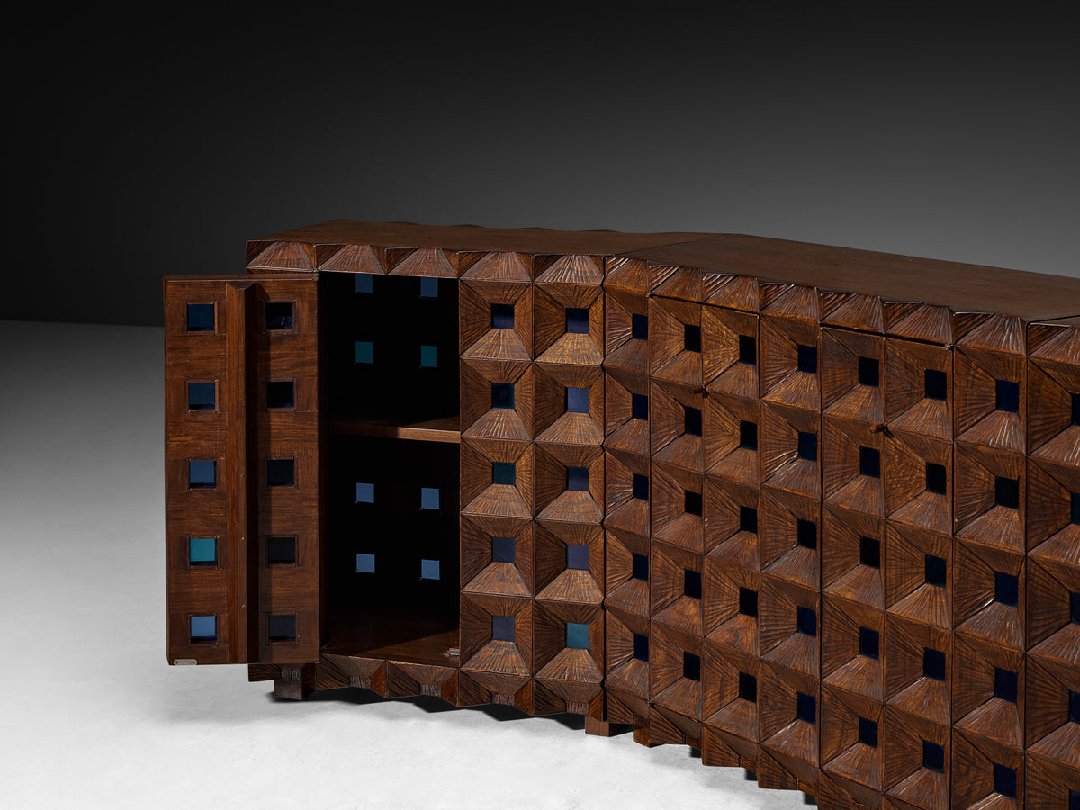Early and Unique Giuseppe Rivadossi Sideboard in Carved Oak and Blue Glass Case pieces and storage cabinets Morentz