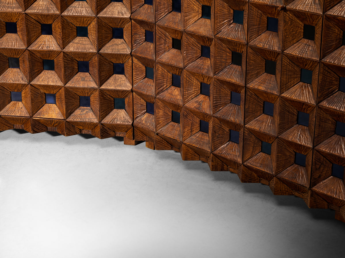 Early and Unique Giuseppe Rivadossi Sideboard in Carved Oak and Blue Glass Case pieces and storage cabinets Morentz