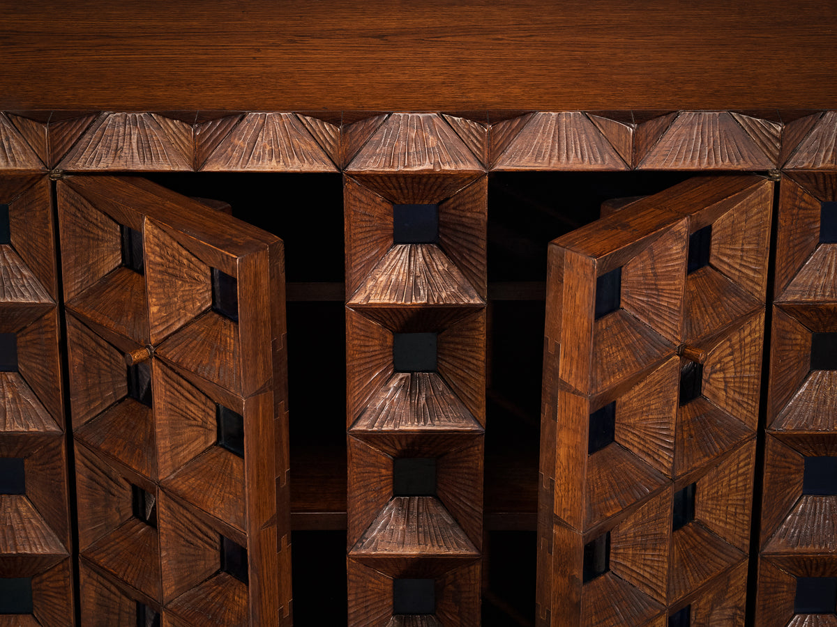Early and Unique Giuseppe Rivadossi Sideboard in Carved Oak and Blue Glass Case pieces and storage cabinets Morentz