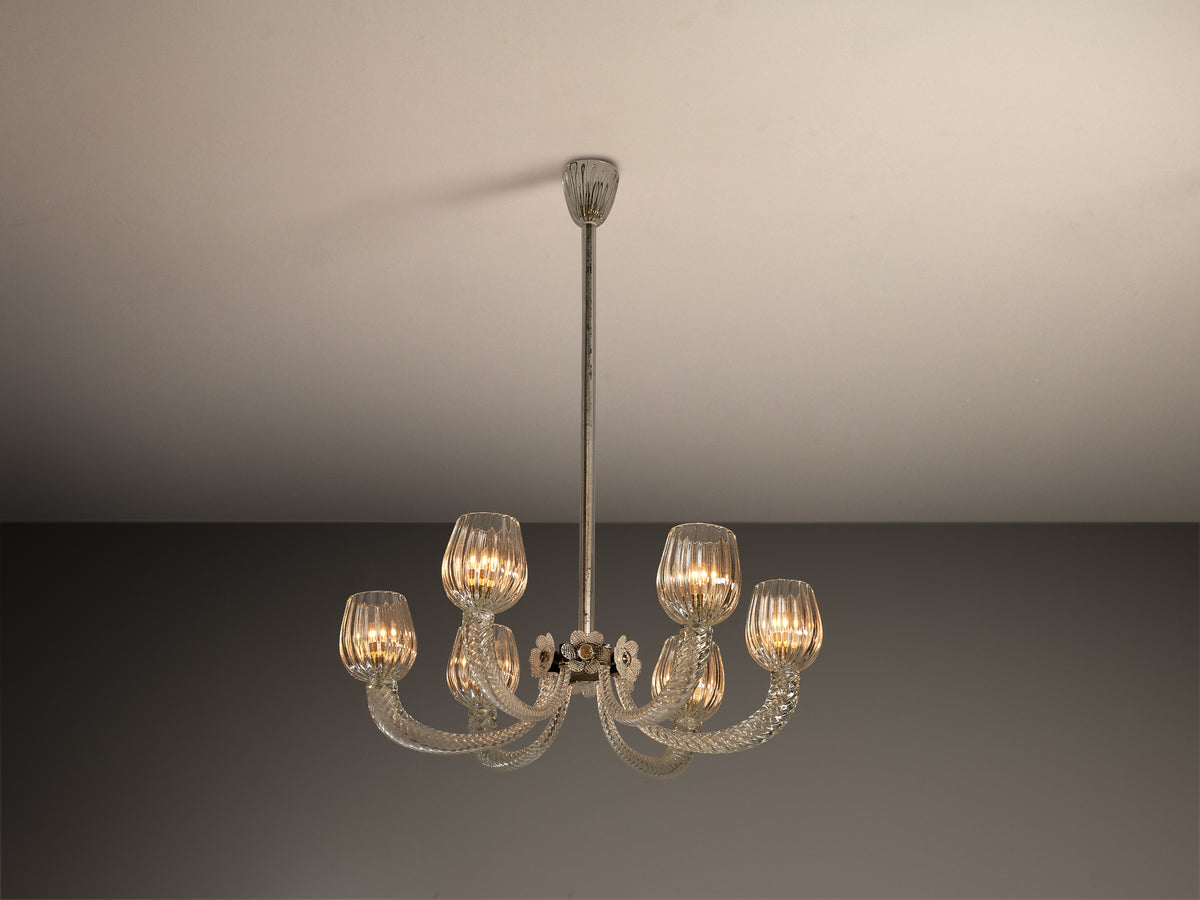 Italian Chandelier with Twisted Glass Arms and Floral Details Lighting Morentz
