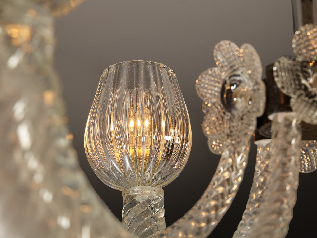 Italian Chandelier with Twisted Glass Arms and Floral Details Lighting Morentz
