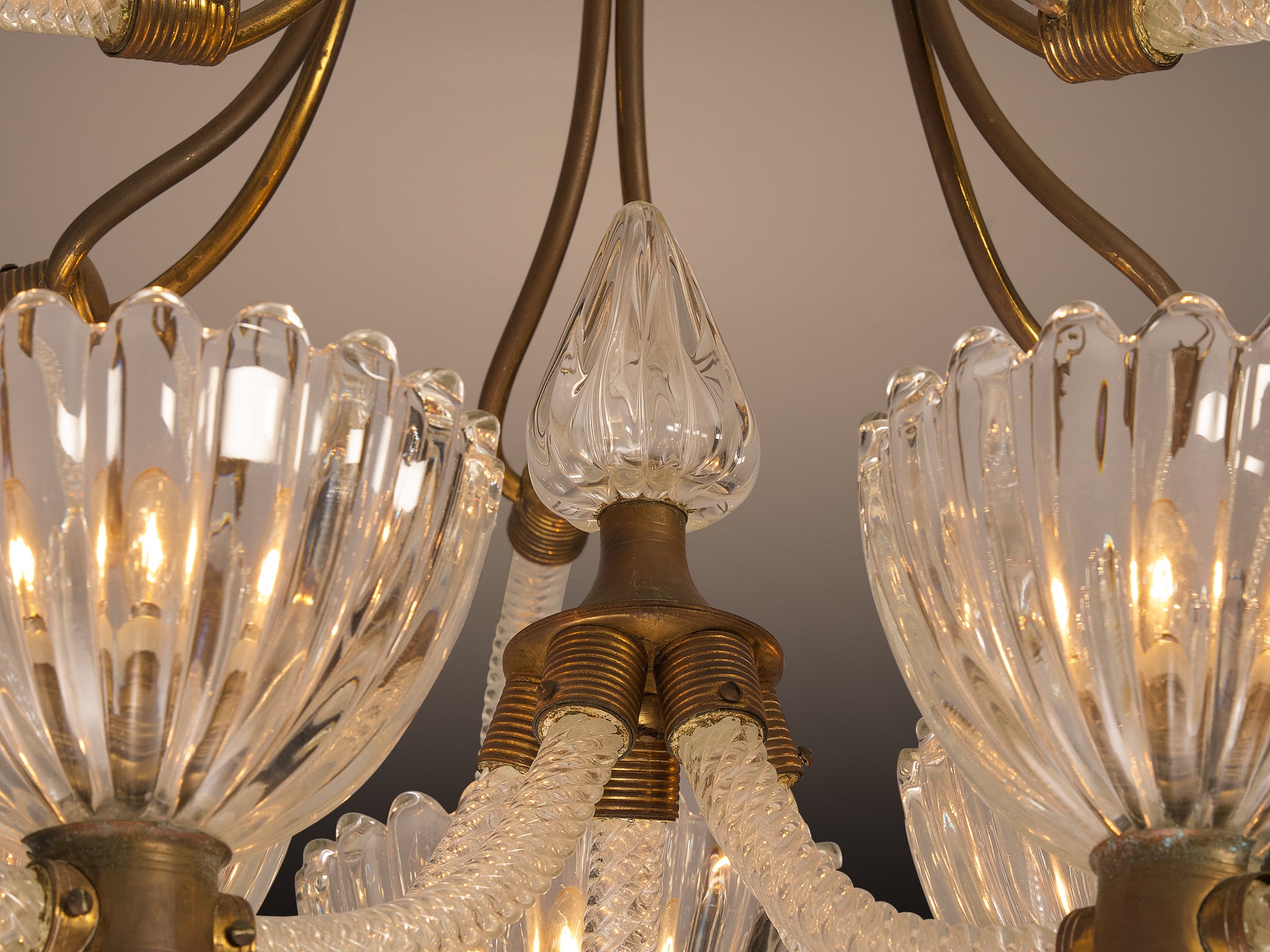 Barovier & Toso Italian Chandelier in Crystal Glass and Brass Lighting Morentz
